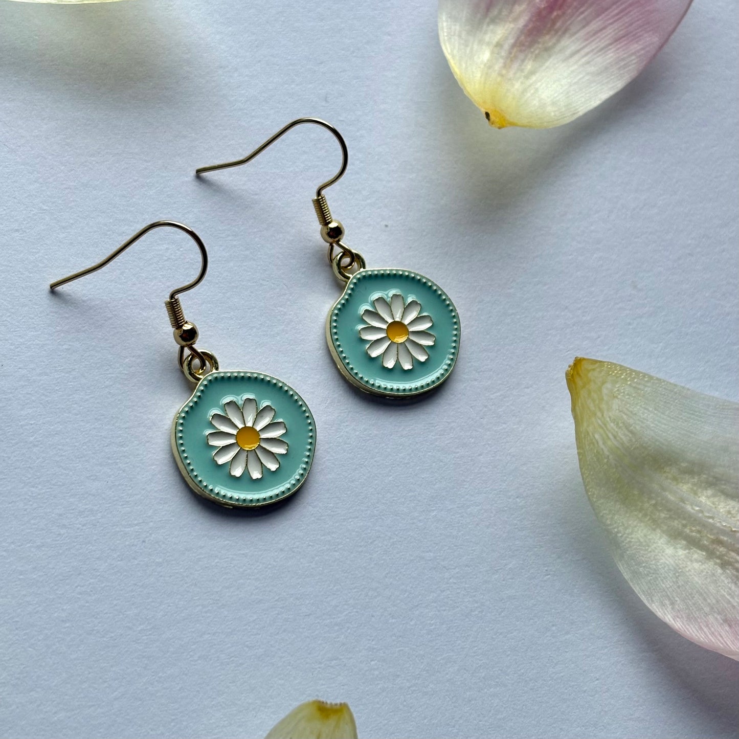 Blue and white daisy gold earrings in circle on 18k gold plated hooks