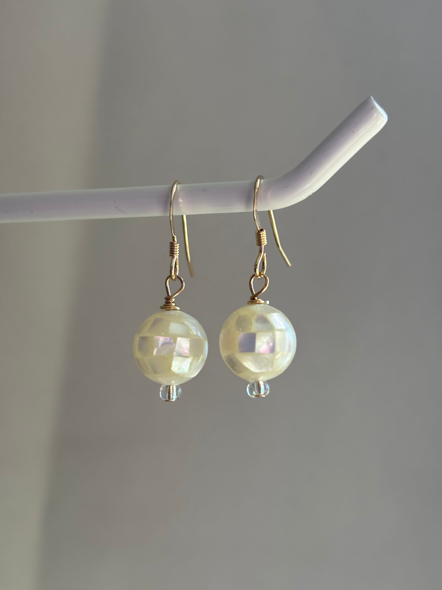14k gold filled mother of pearl white "disco" earrings