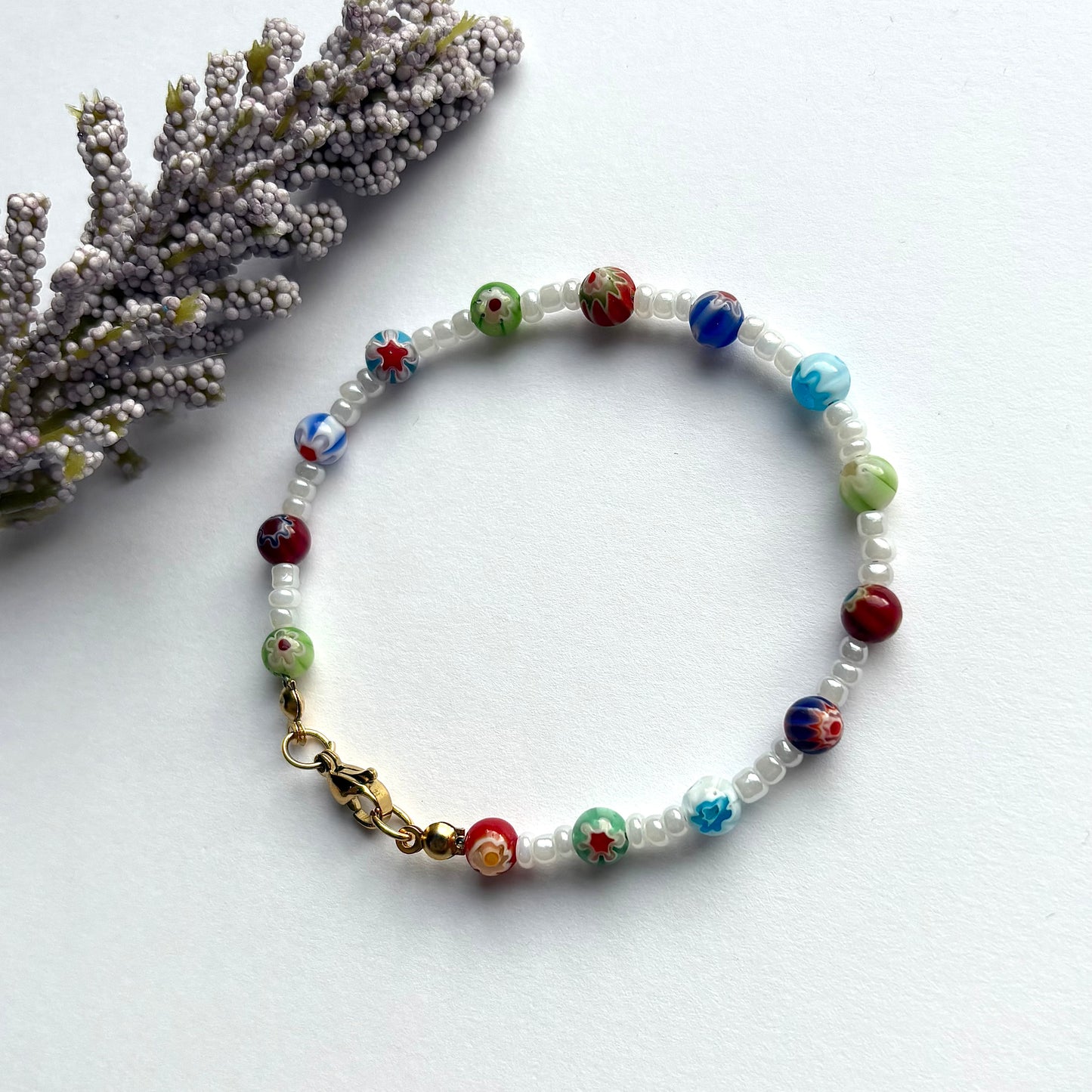 Cloud meadow bracelet - white and colourful millefiori handmade beaded