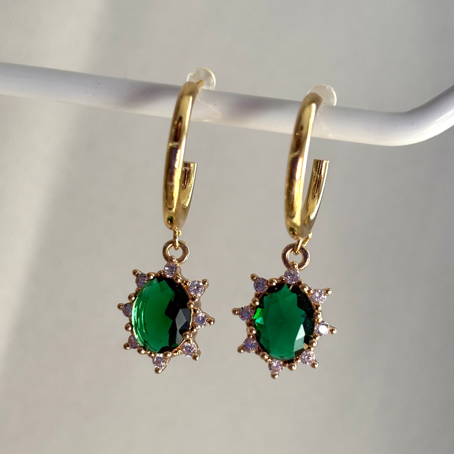 Gorgeous gold plated oval green crystal handmade drop dangle half hoop stud earrings, necklace or jewellery set/gift