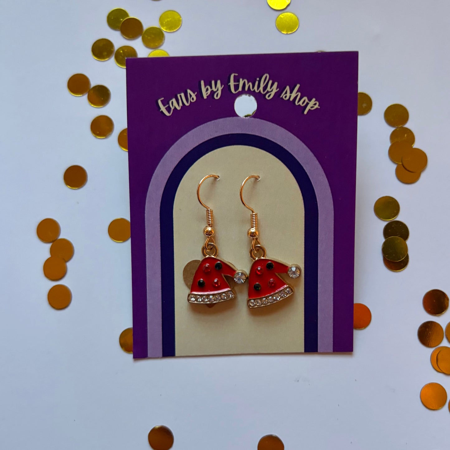 Gold cartoon santa hat sparkly diamanté dangle Christmas earrings