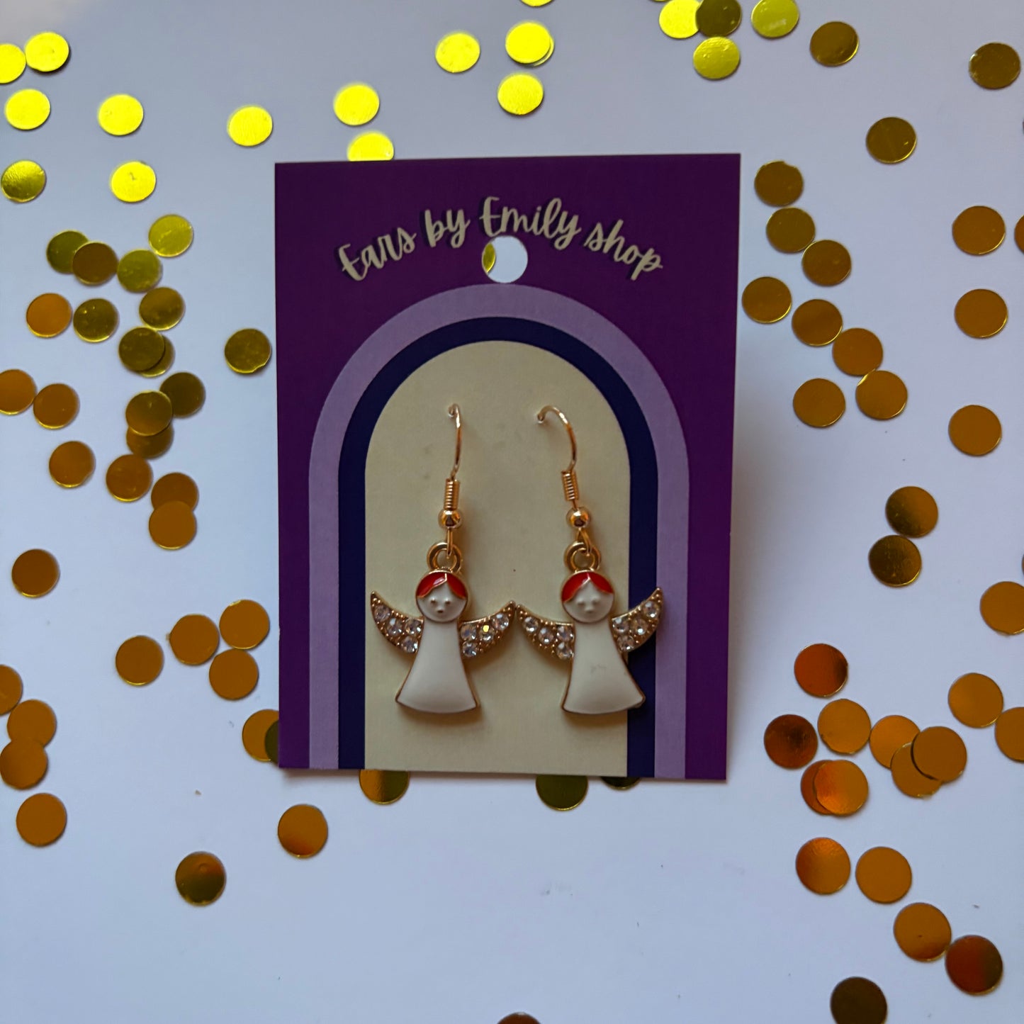 Gold and white Christmas angel sparkle dangle earrings on gold plated hooks