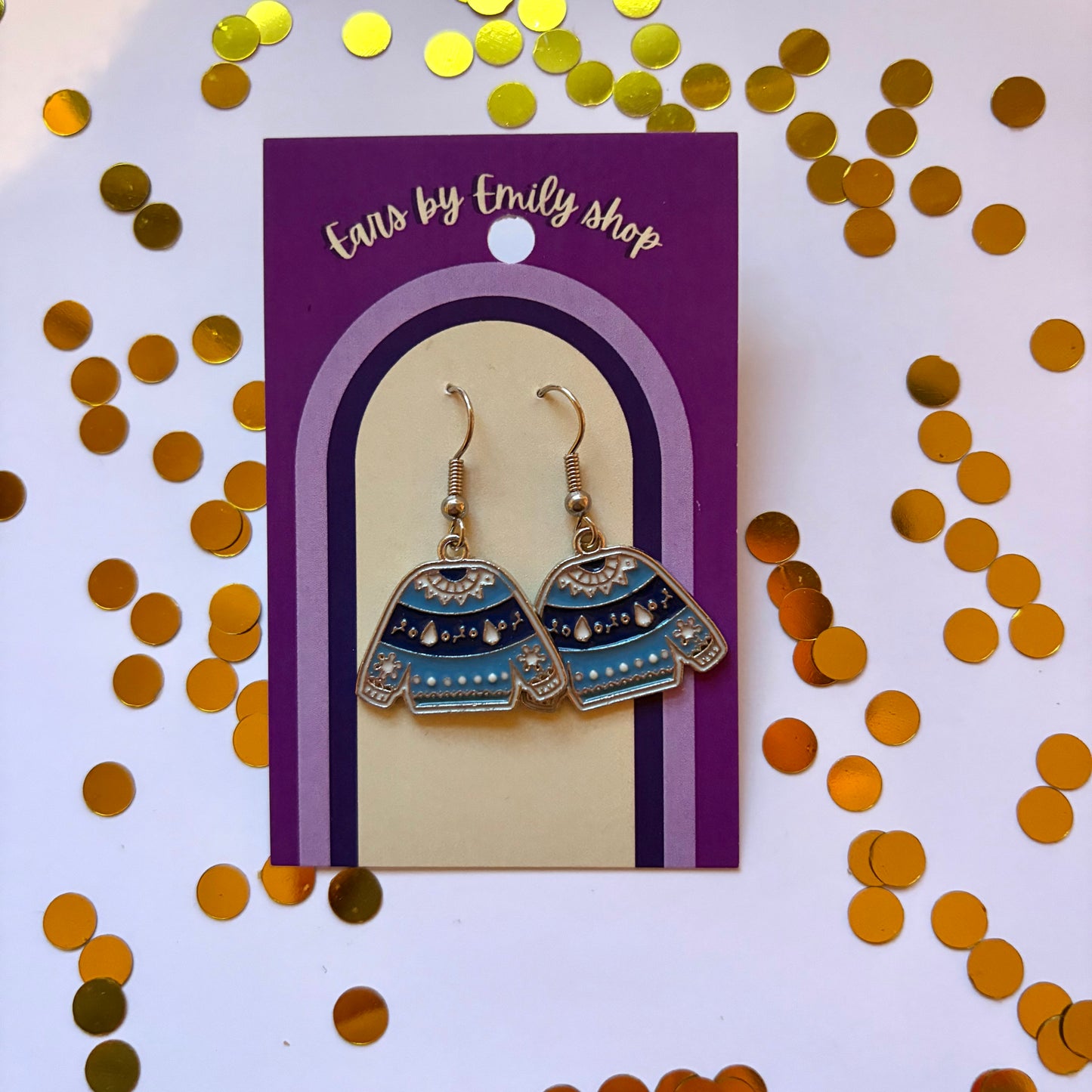 Silver and blue cartoon winter jumper dangle Christmas earrings