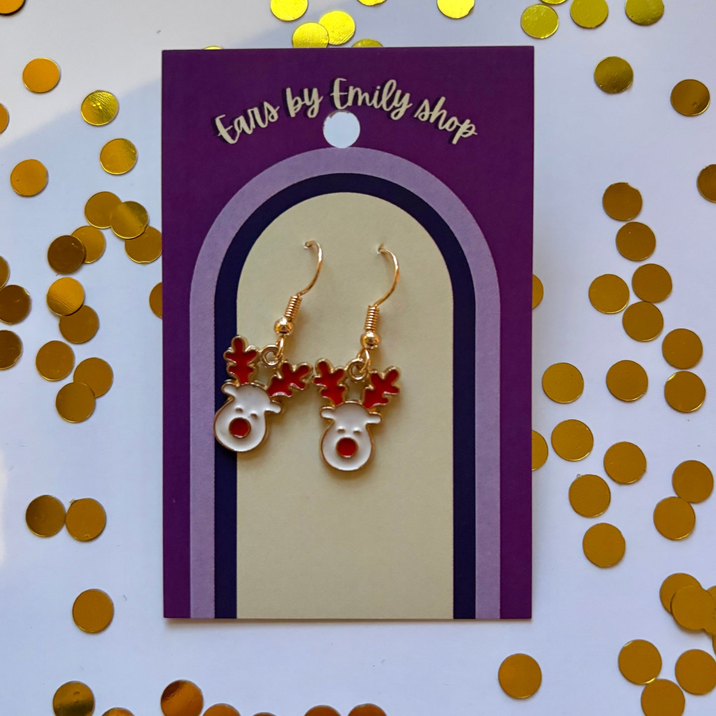 White and red reindeer gold dangle christmas earrings