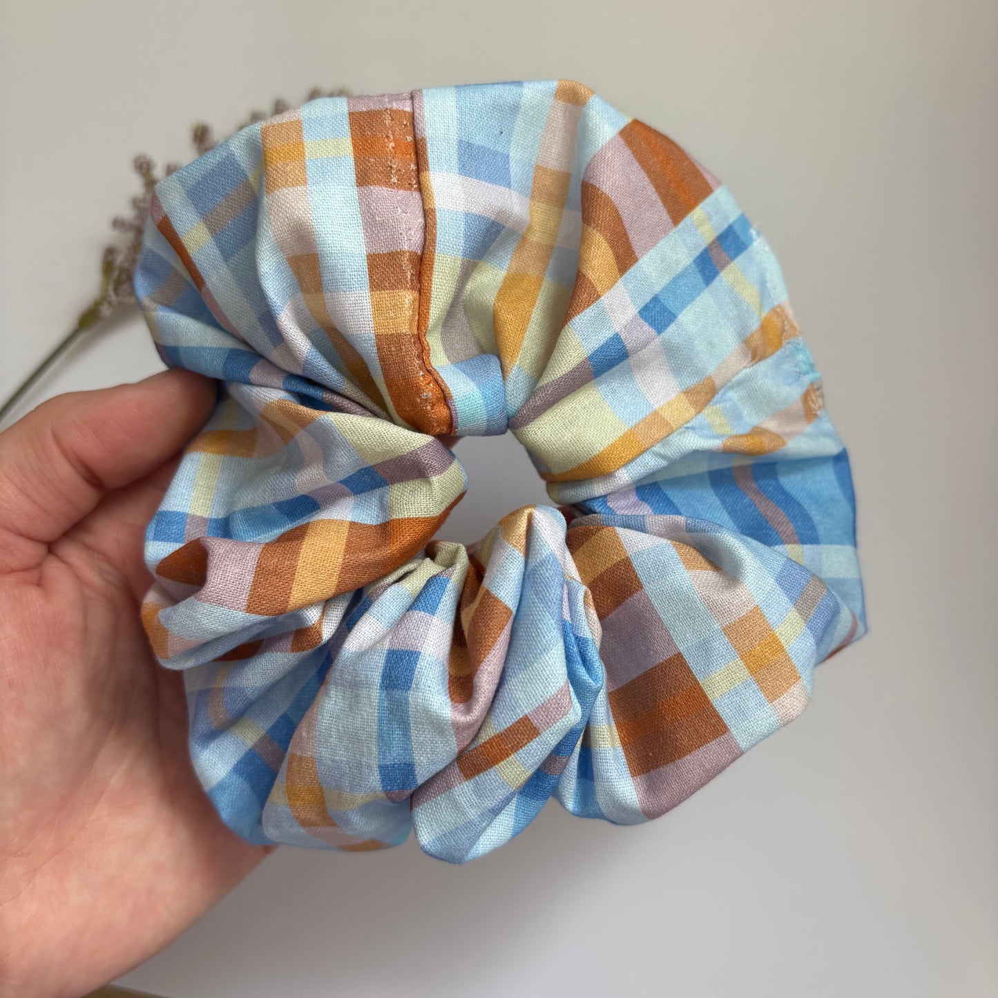Cool gingham check blue and brown large hair scrunchie