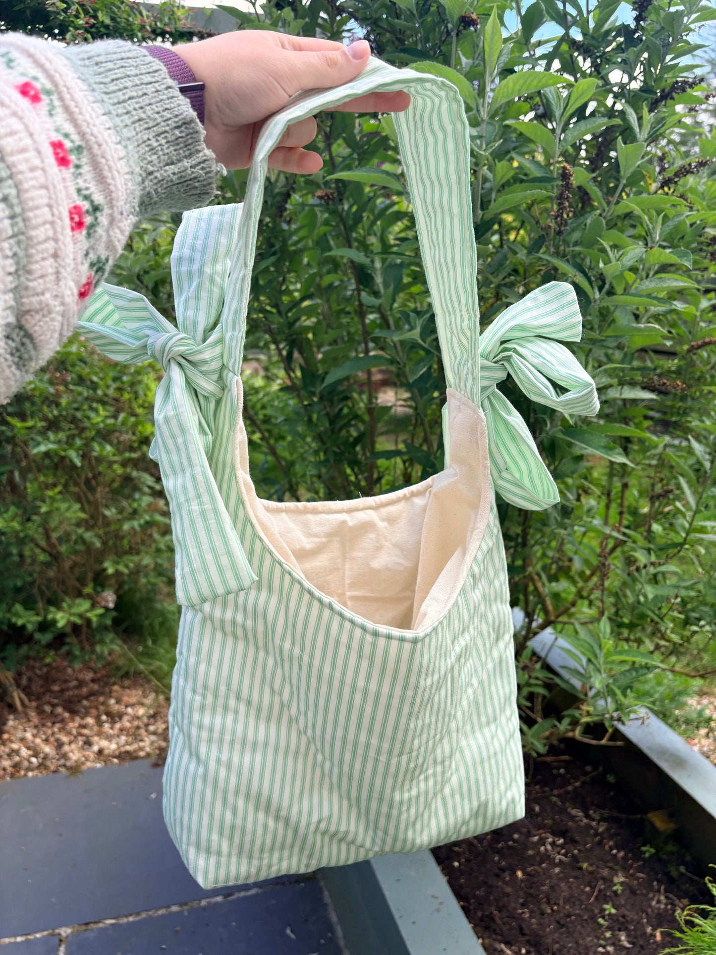 COMING SOON... Handmade white and green stripe coquette padded tote bag with bows