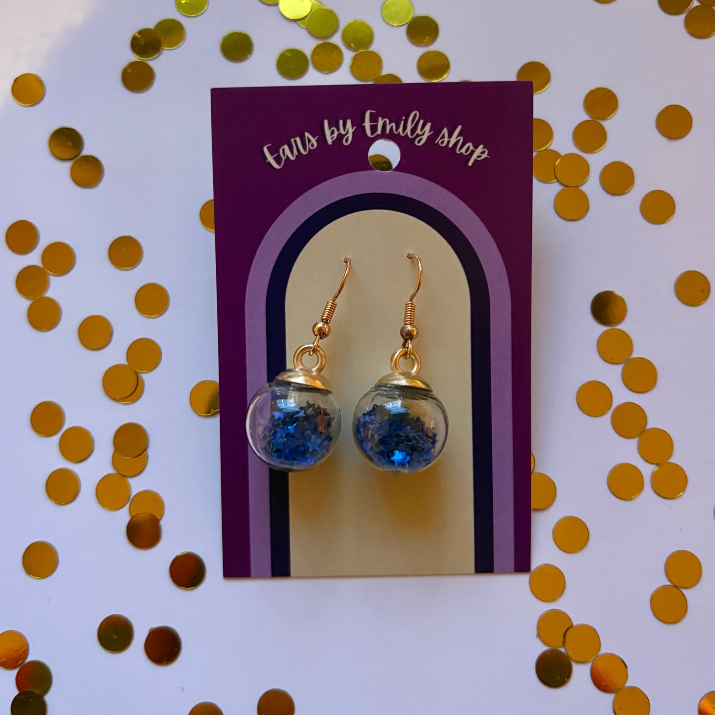 Blue star sparkle bauble Christmas dangle earrings gold plated