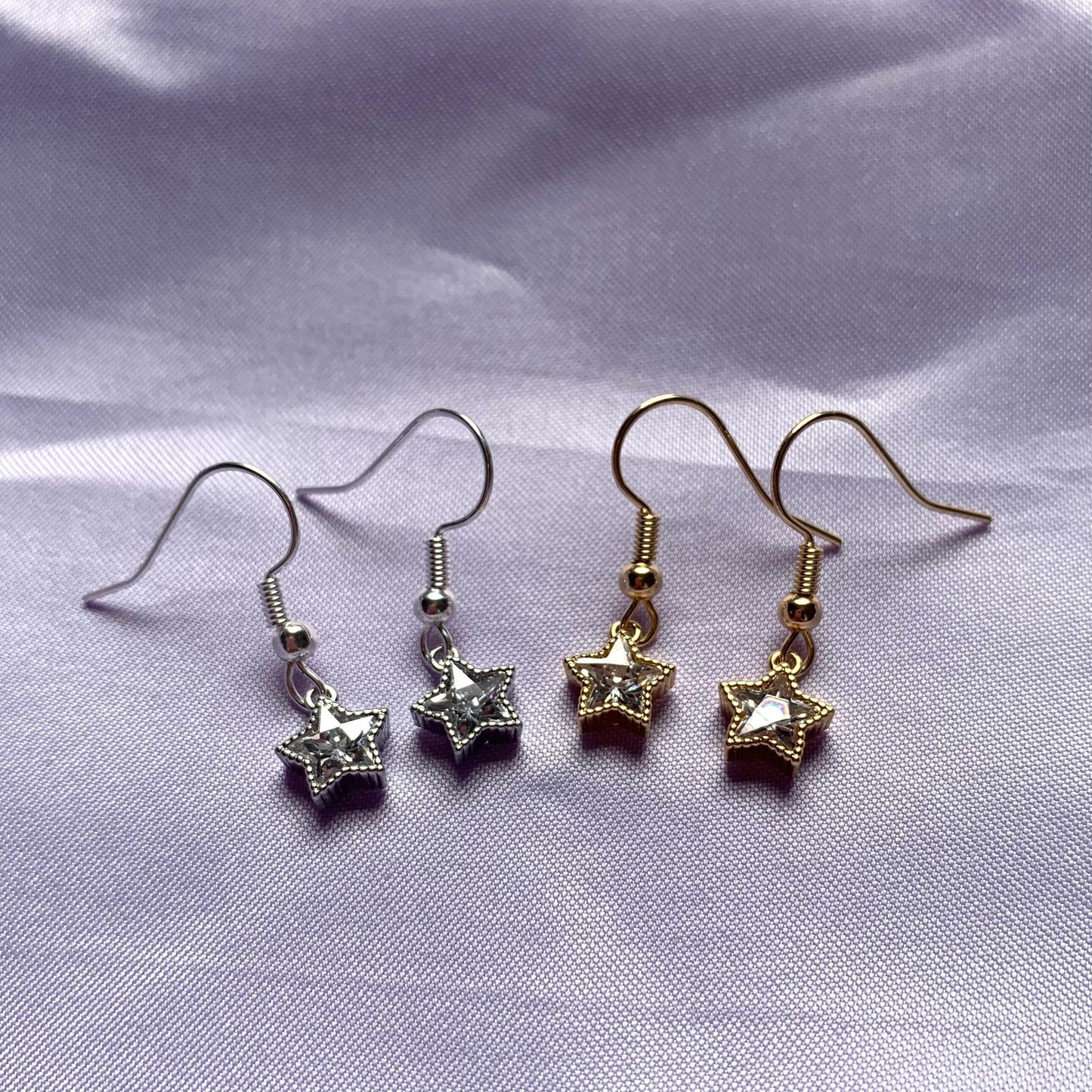 Minimalistic gold or silver plated diamante star dangle earrings