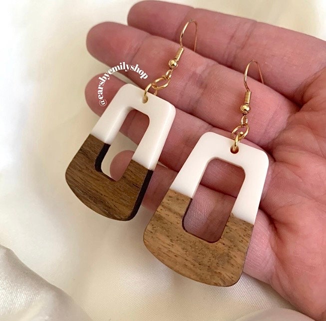White resin and wood handmade drop dangle earrings on 18k gold plated hooks