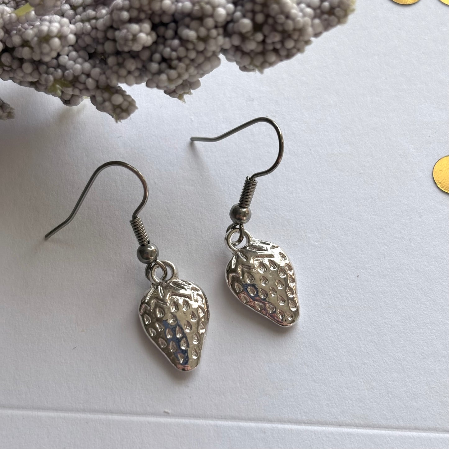 Silver plated strawberry earrings on hypoallergenic hooks