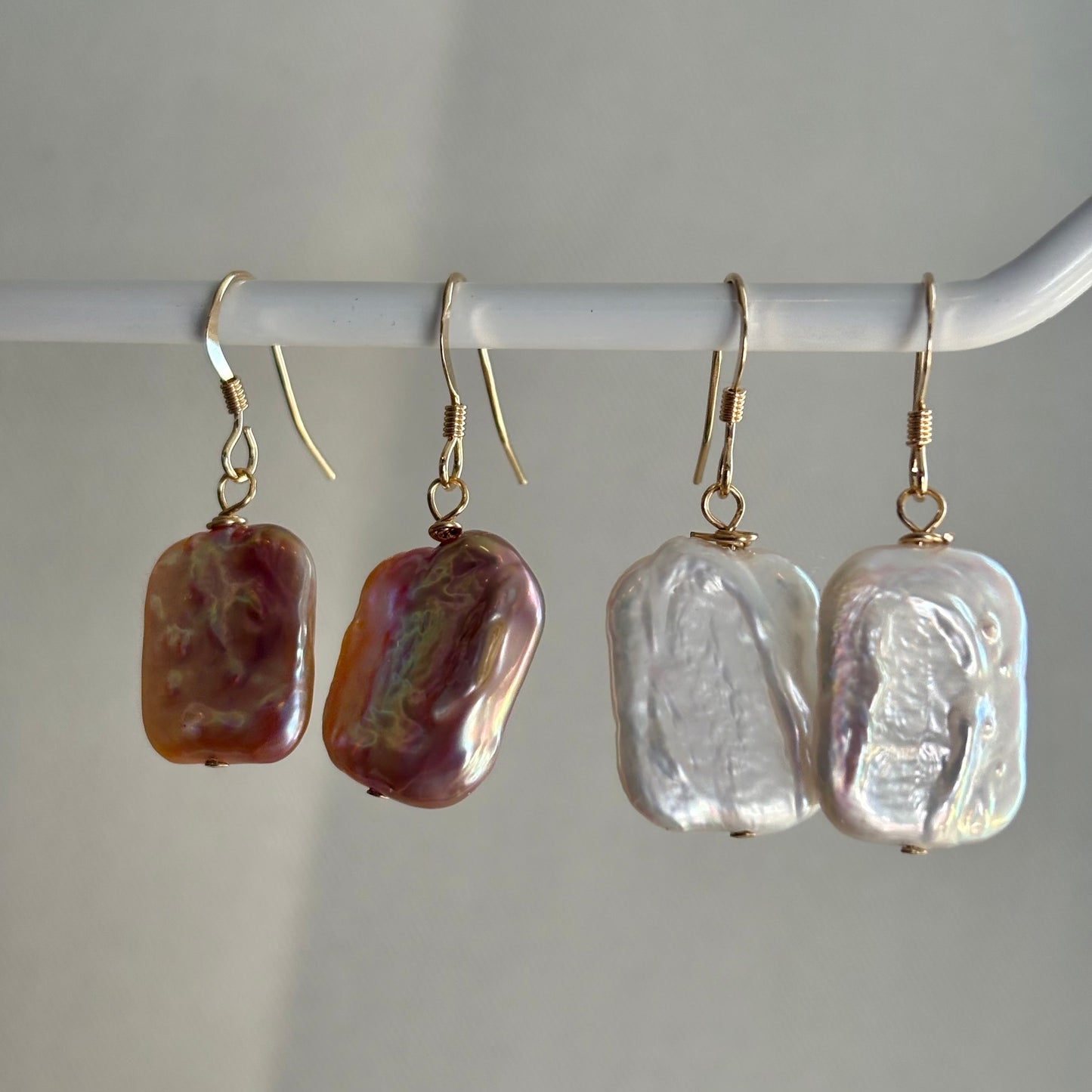 Large nucleated rectangular freshwater pearl sterling silver or 14k gold filled earrings and necklace