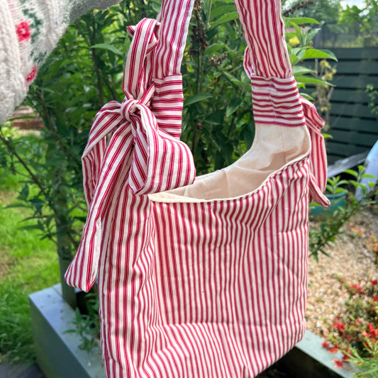 COMING SOON... Handmade white and red stripe coquette padded tote bag with bows