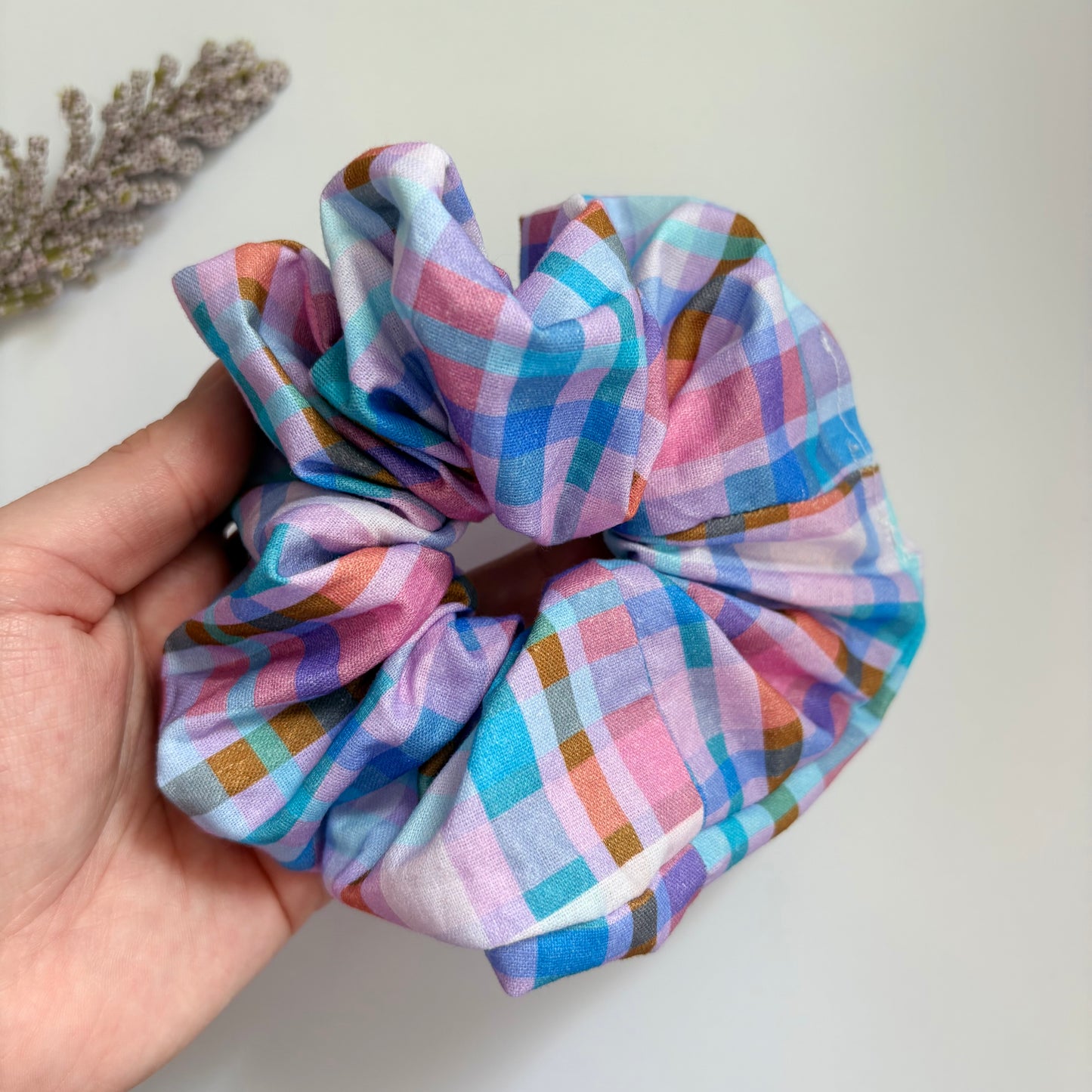 Cool gingham check purple, pink and blue large hair scrunchie