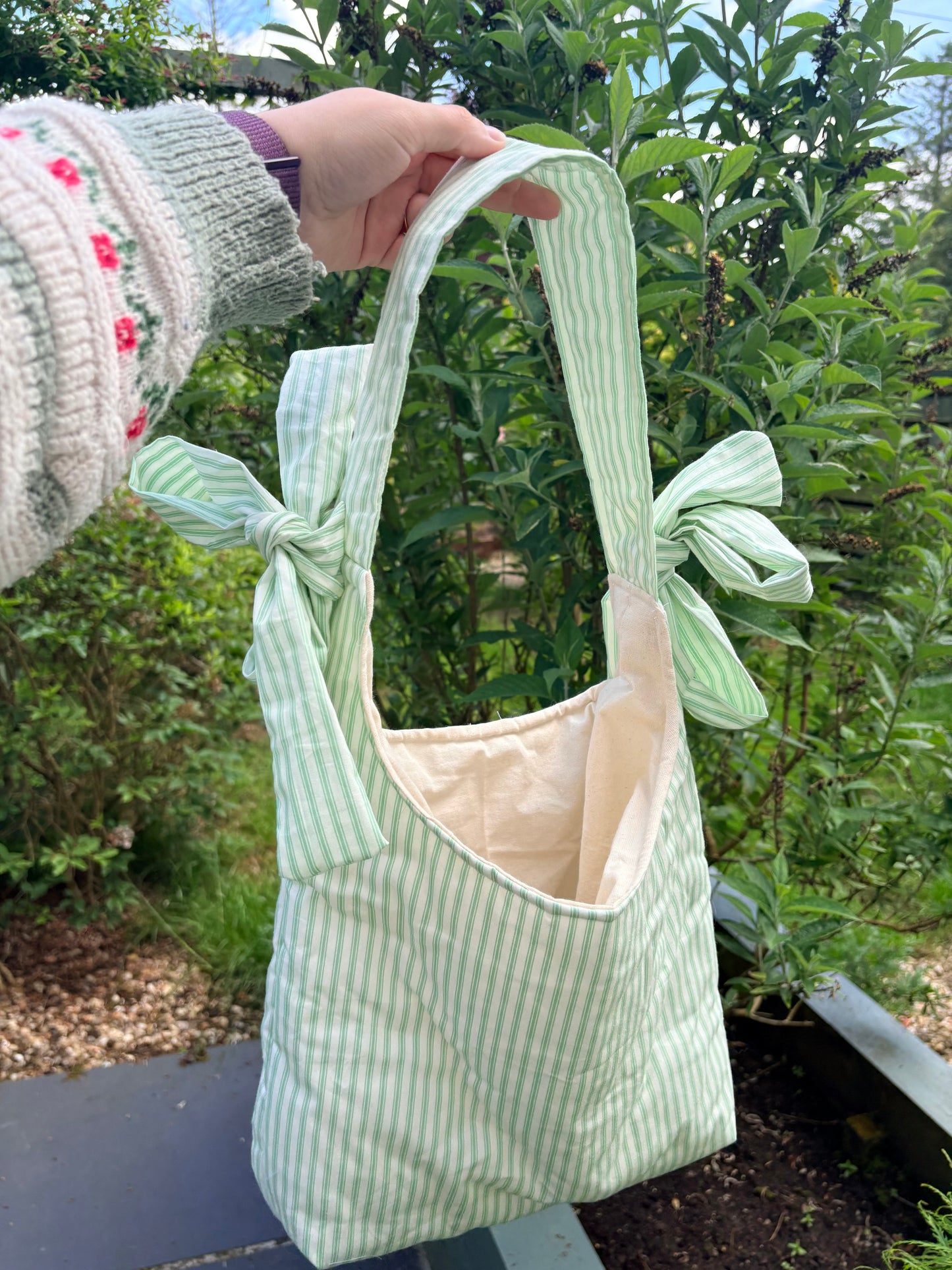 COMING SOON... Handmade white and green stripe coquette padded tote bag with bows
