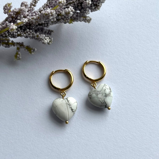 24k gold plated handmade heart crystal huggie hoop earrings with howlite or rose quartz crystals