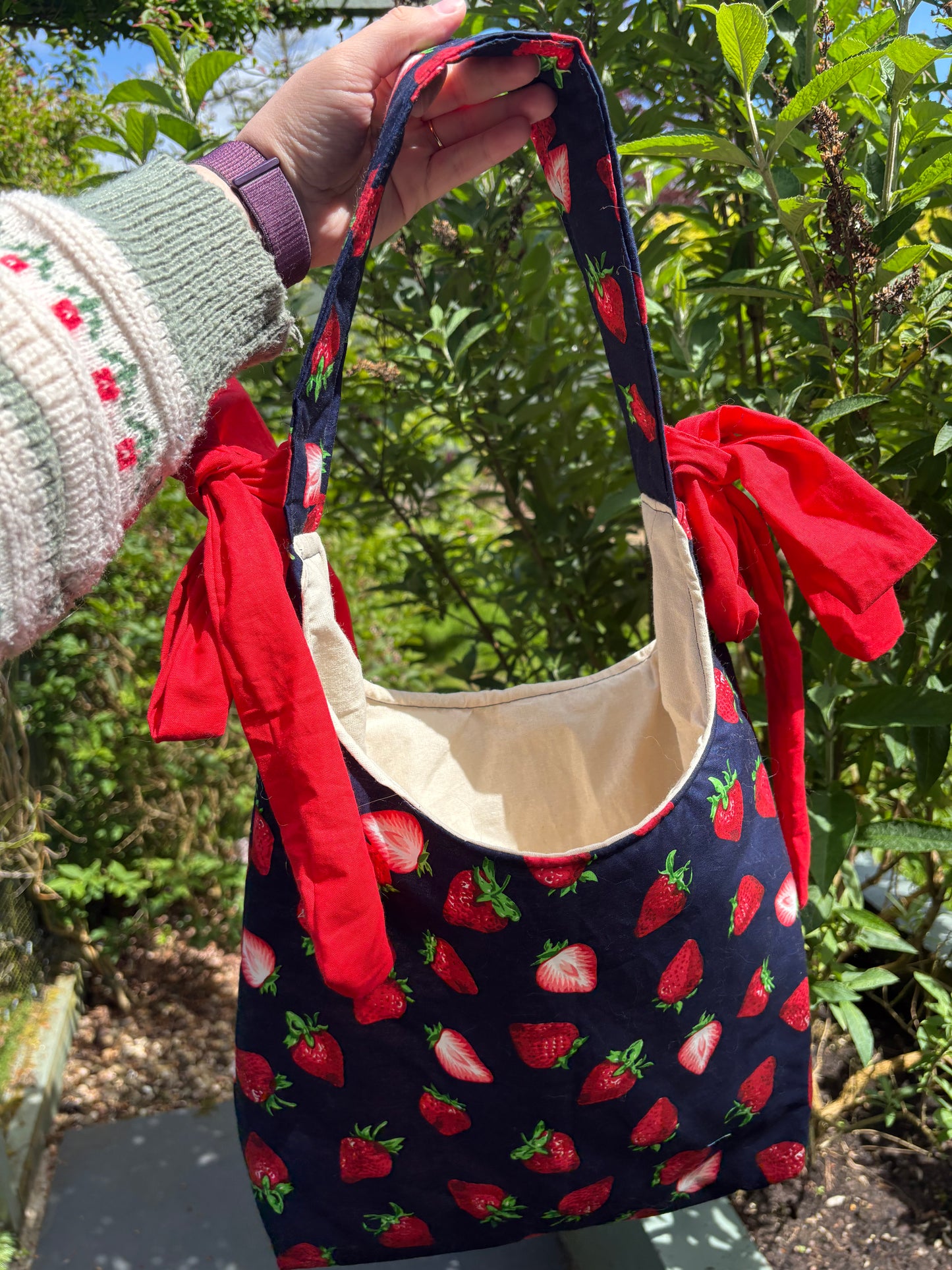 COMING SOON... Handmade navy blue red strawberry coquette padded tote bag with bows