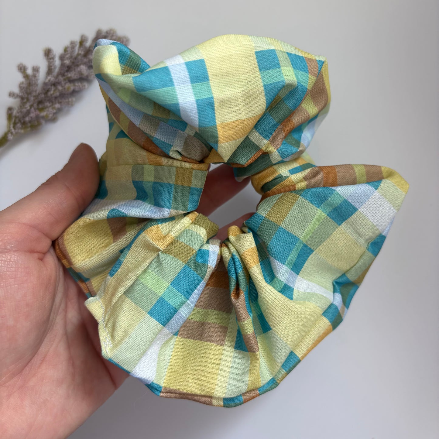 Cool gingham check green, yellow and brown large hair scrunchie