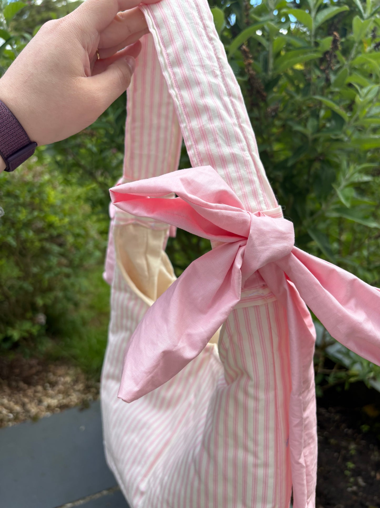 COMING SOON... Handmade white and pink stripe coquette padded tote bag with bows