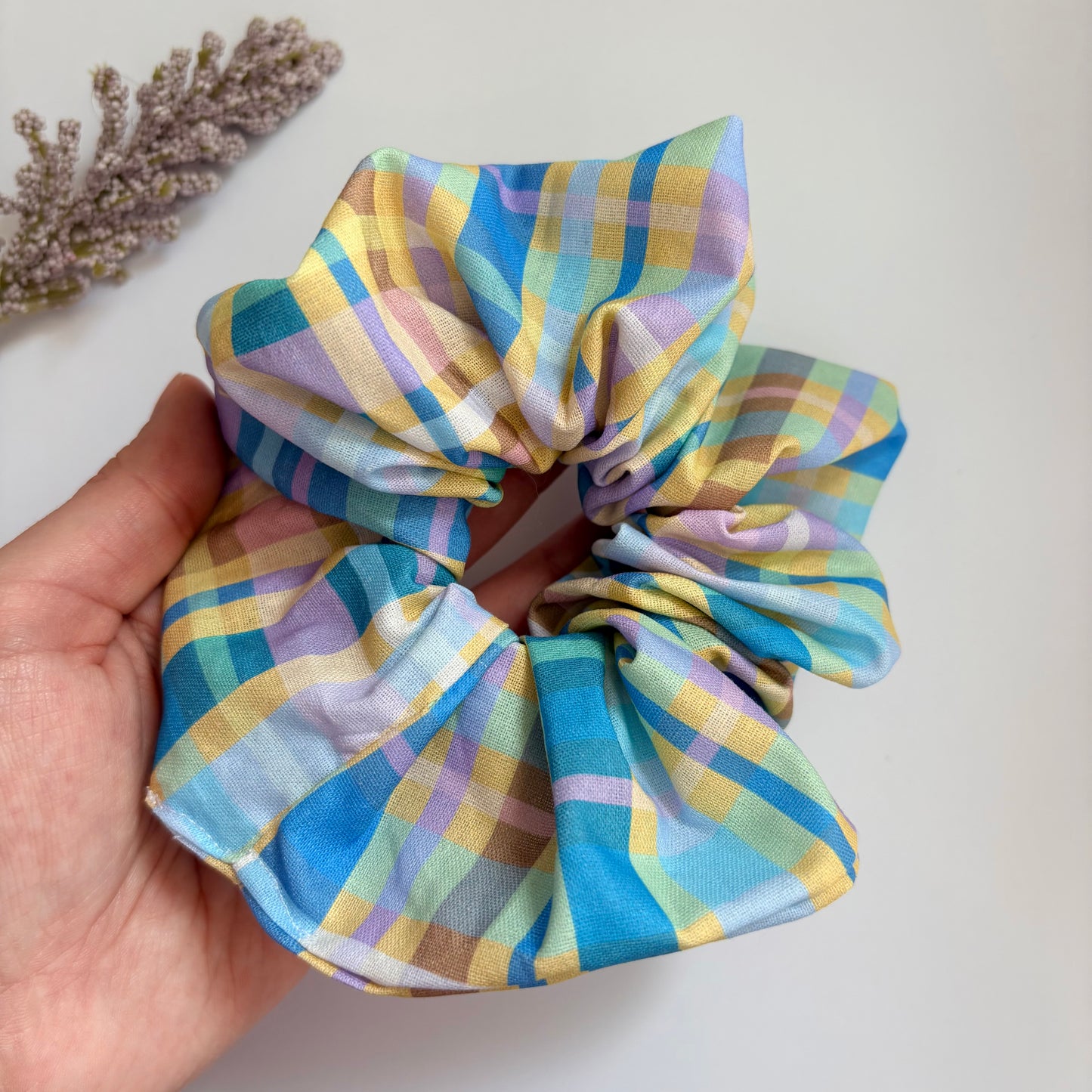 Cool gingham check blue, yellow and purple large hair scrunchie