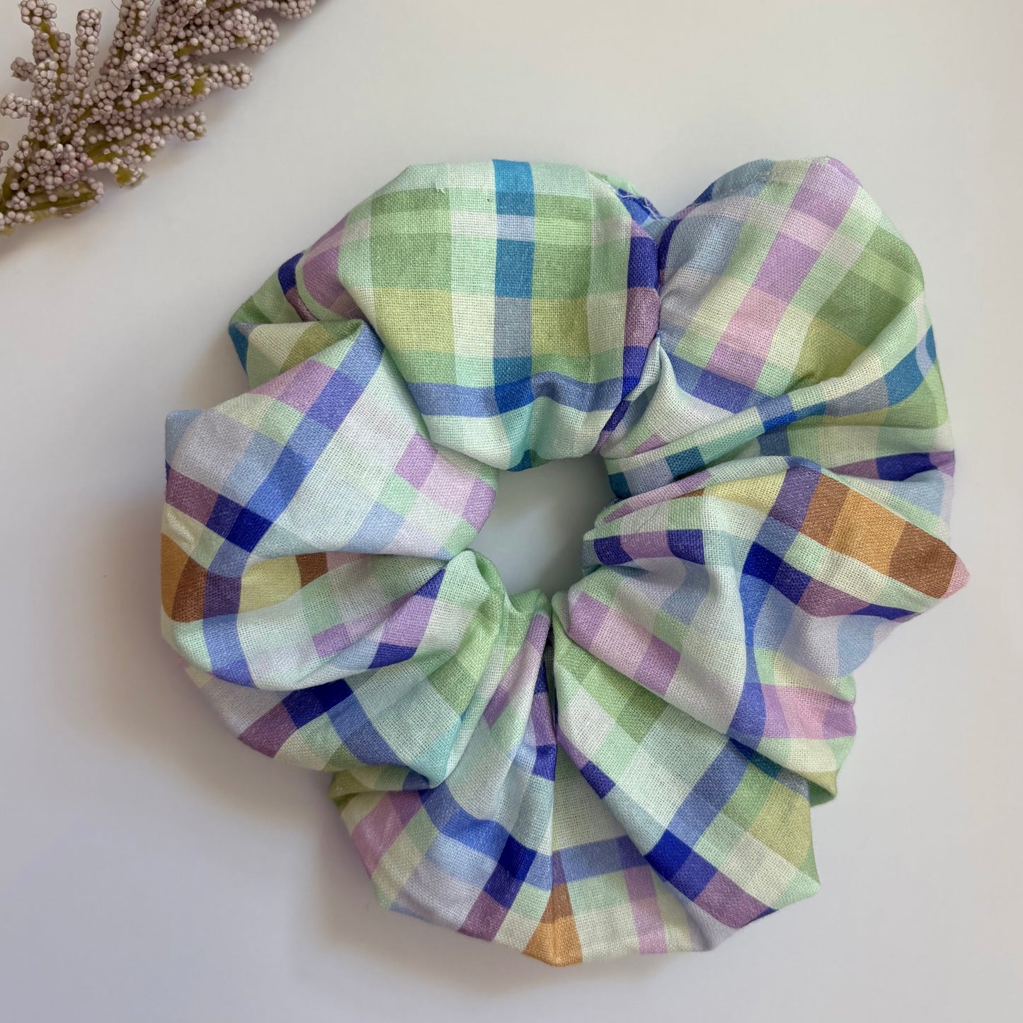 Cool gingham check purple, green and blue large hair scrunchie