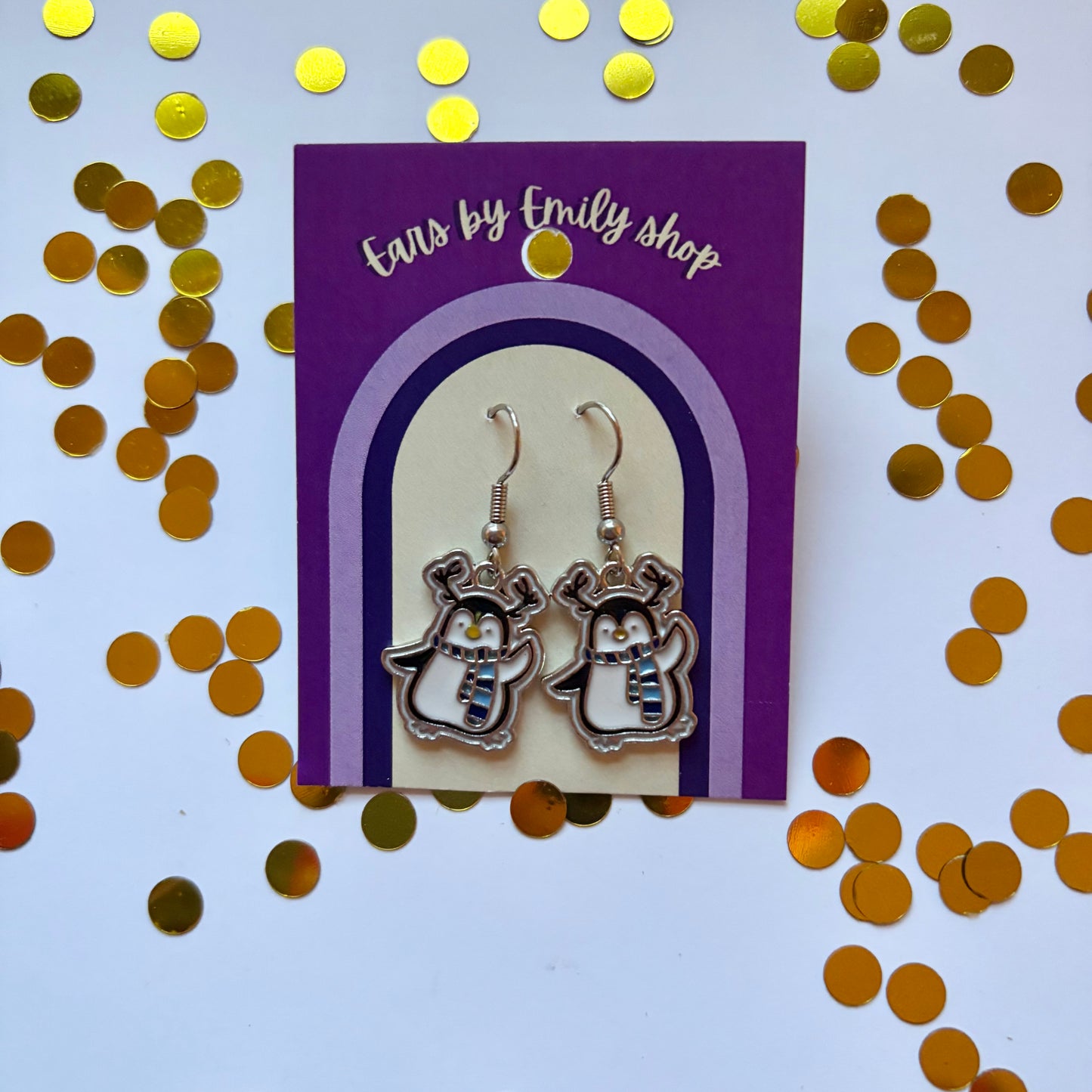 Silver and blue cartoon winter dancing penguin dangle Christmas earrings