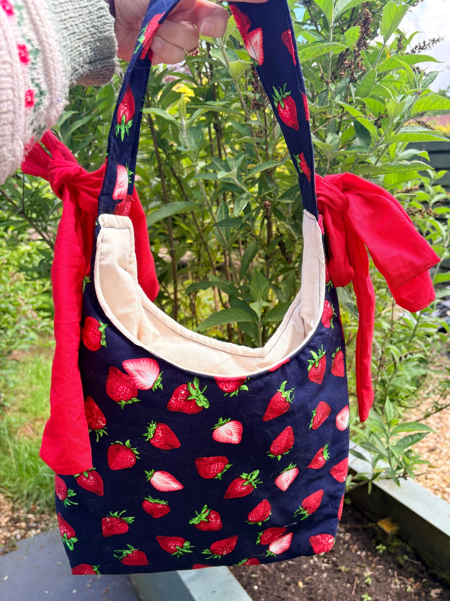 COMING SOON... Handmade navy blue red strawberry coquette padded tote bag with bows