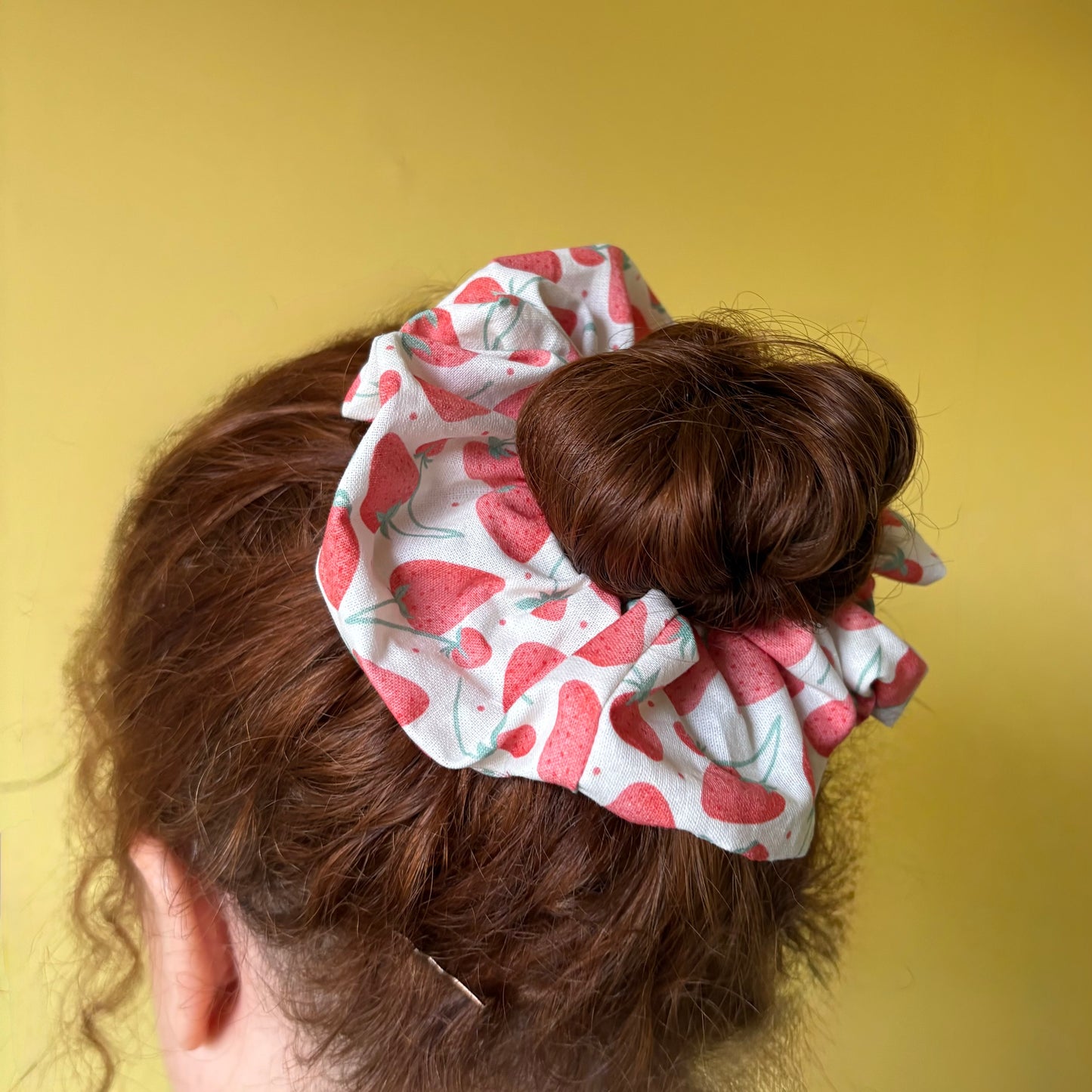 Handmade large white and red strawberry scrunchie