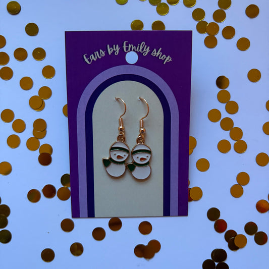 Gold and white Christmas duck snowman dangle earrings on gold plated hooks