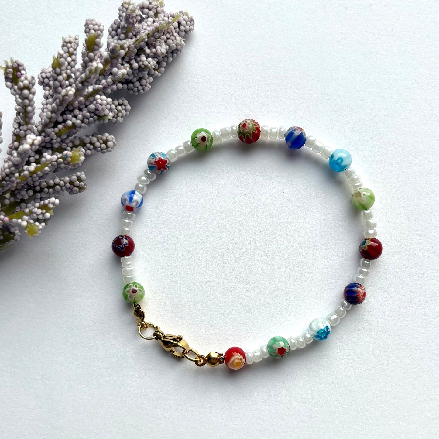 Cloud meadow bracelet - white and colourful millefiori handmade beaded