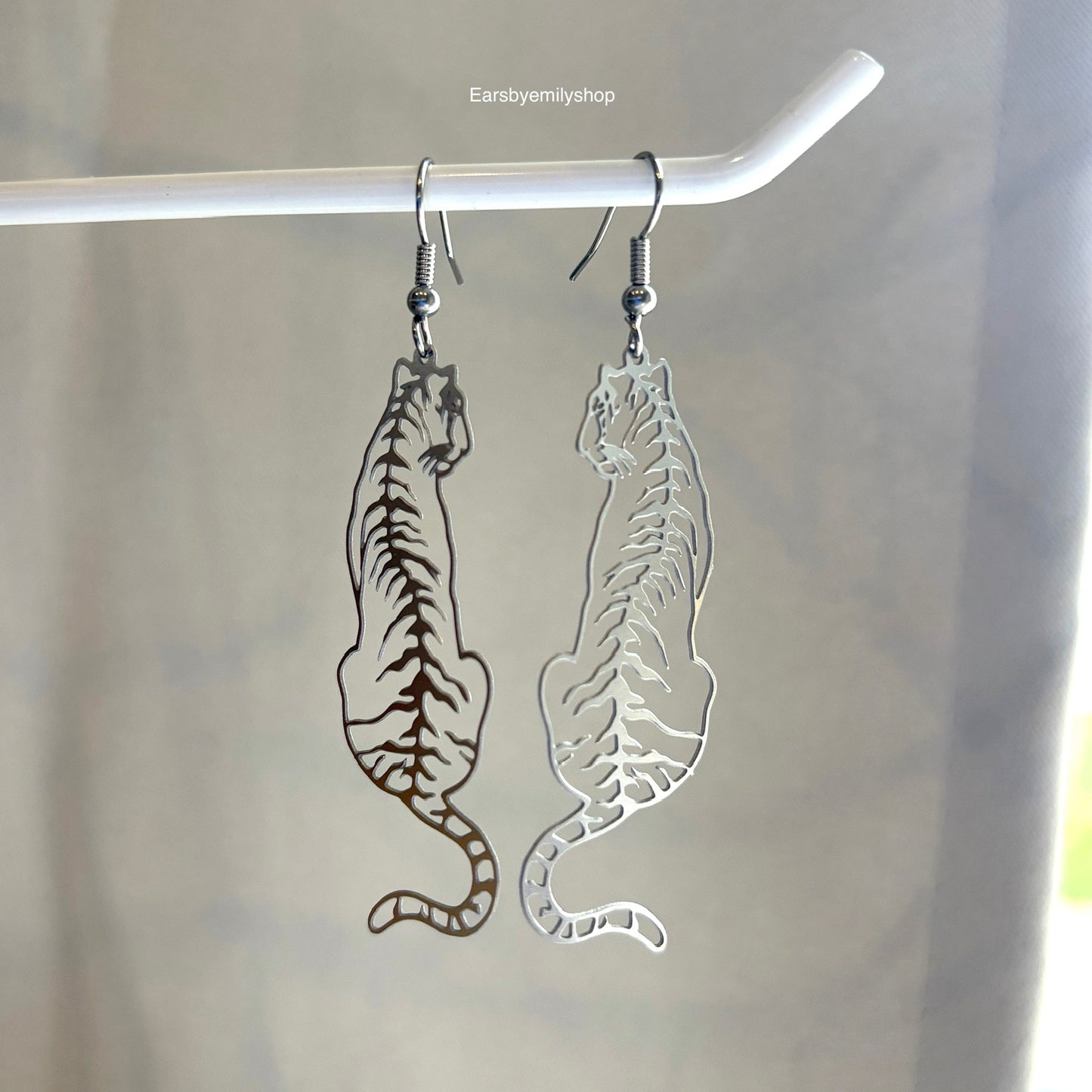 Big stainless steel silver tiger dangle earrings