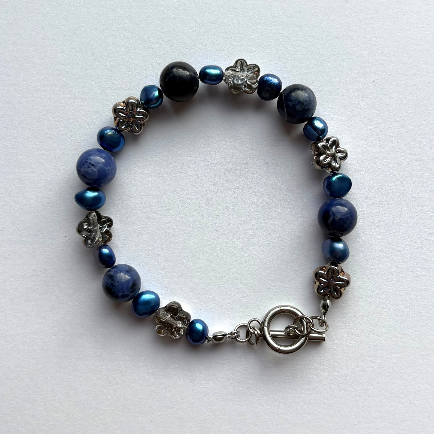 Midnight Bloom Bracelet - blue sodalite and blue pearls with flowers