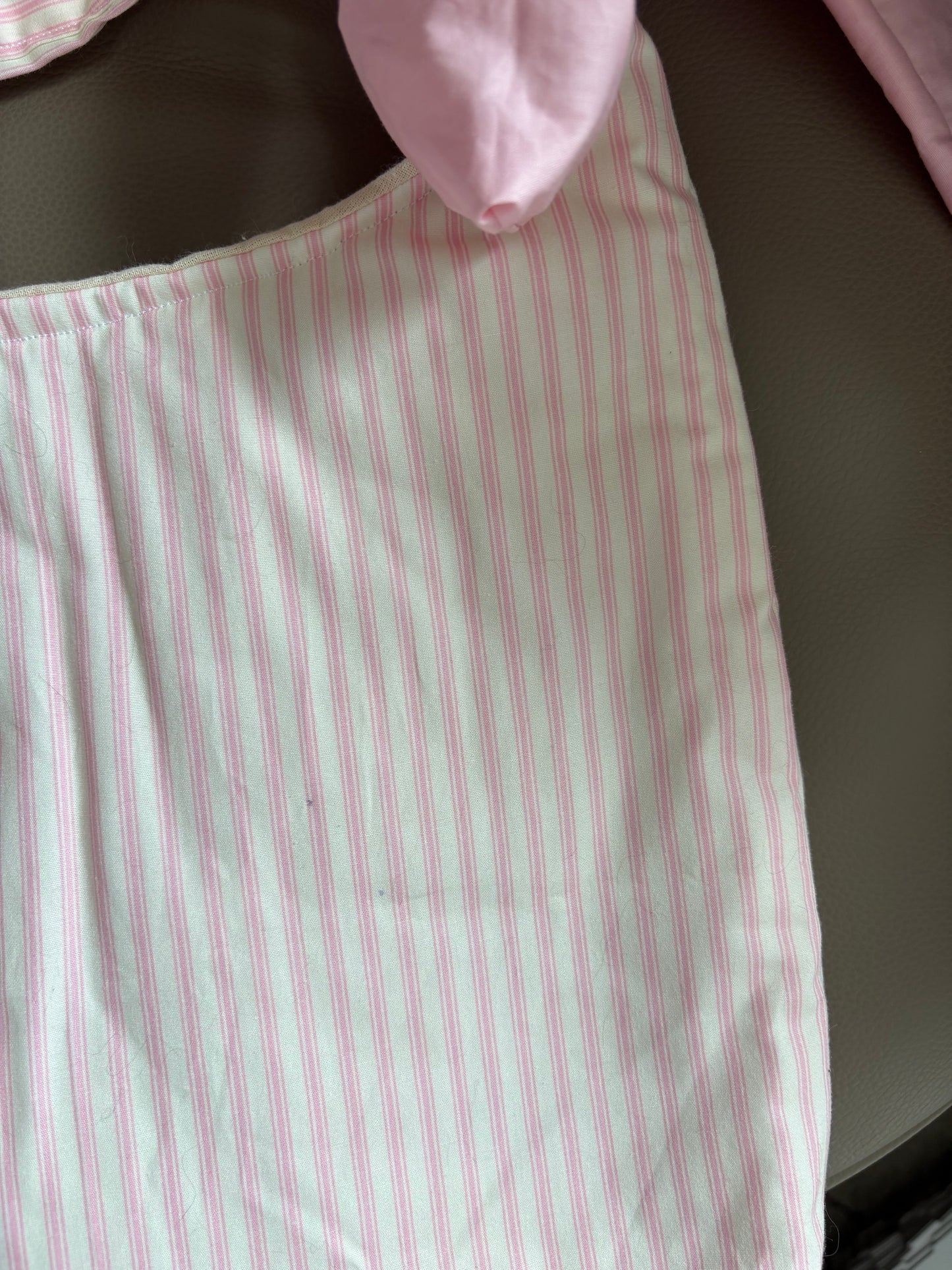 COMING SOON... Handmade white and pink stripe coquette padded tote bag with bows
