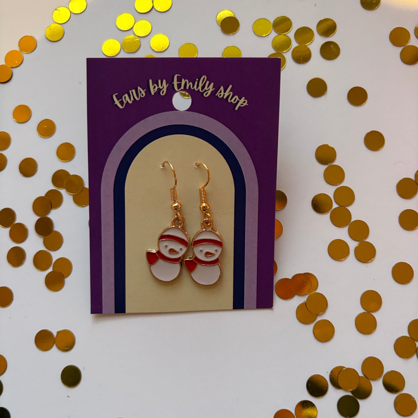 Gold and white Christmas duck snowman dangle earrings on gold plated hooks
