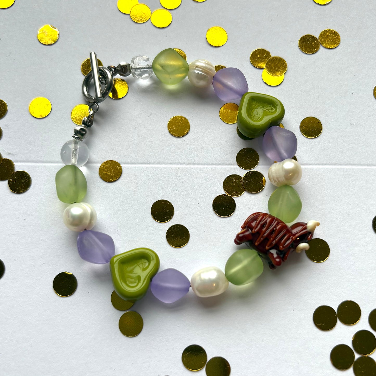 Handmade green and purple highland cow freshwater pearl bracelet