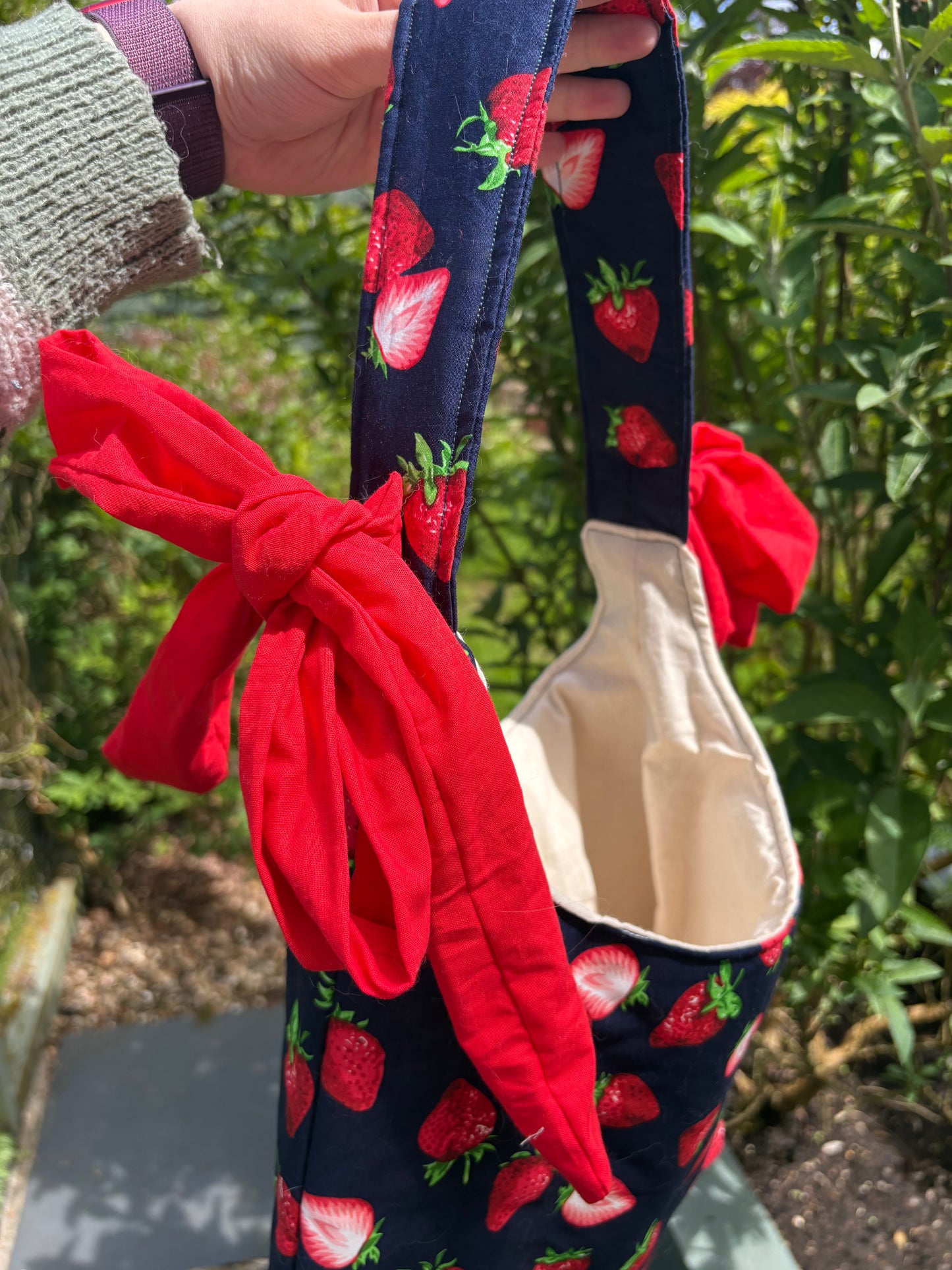COMING SOON... Handmade navy blue red strawberry coquette padded tote bag with bows