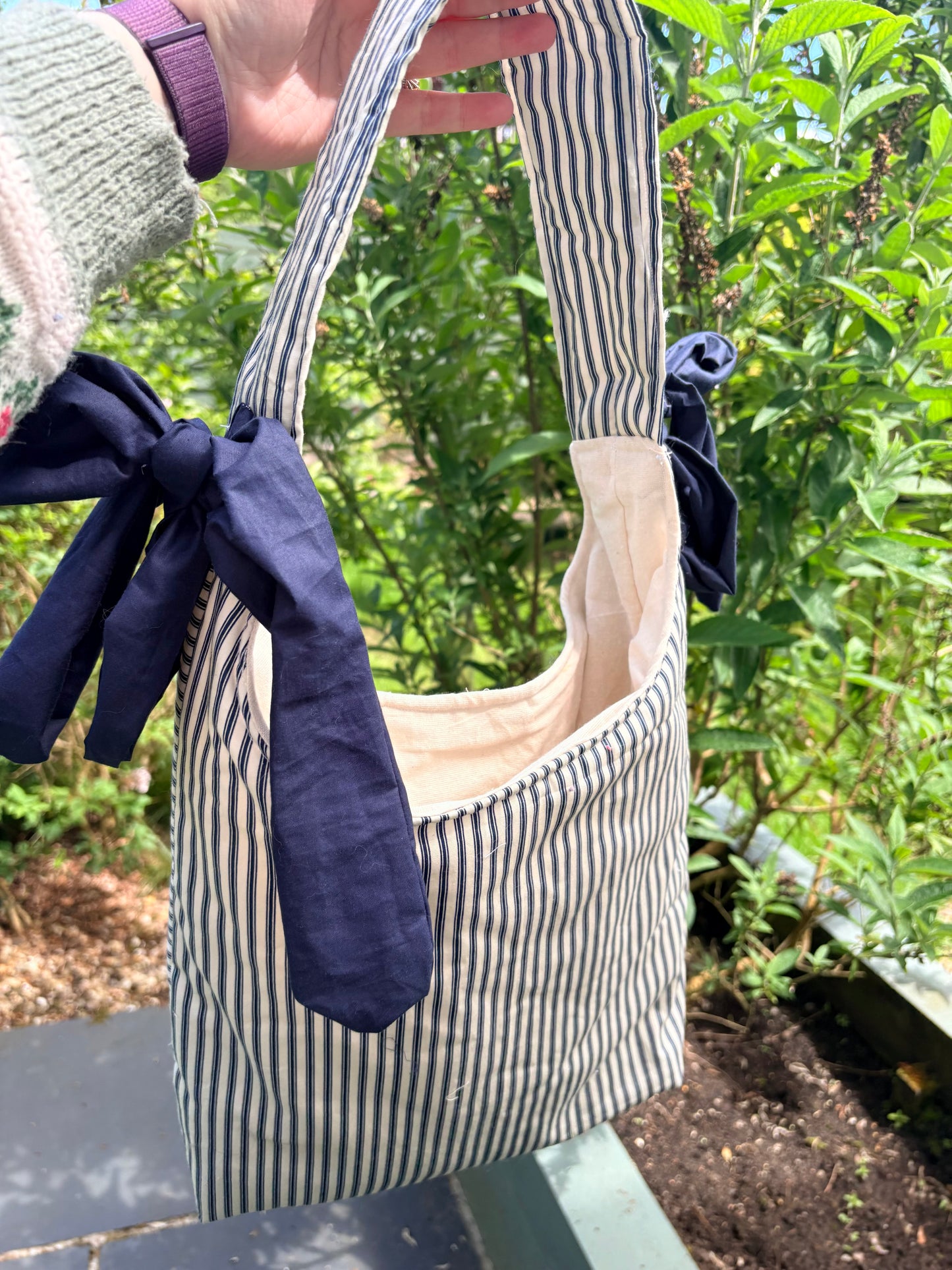 COMING SOON... Handmade white and navy blue stripe coquette padded tote bag with bows