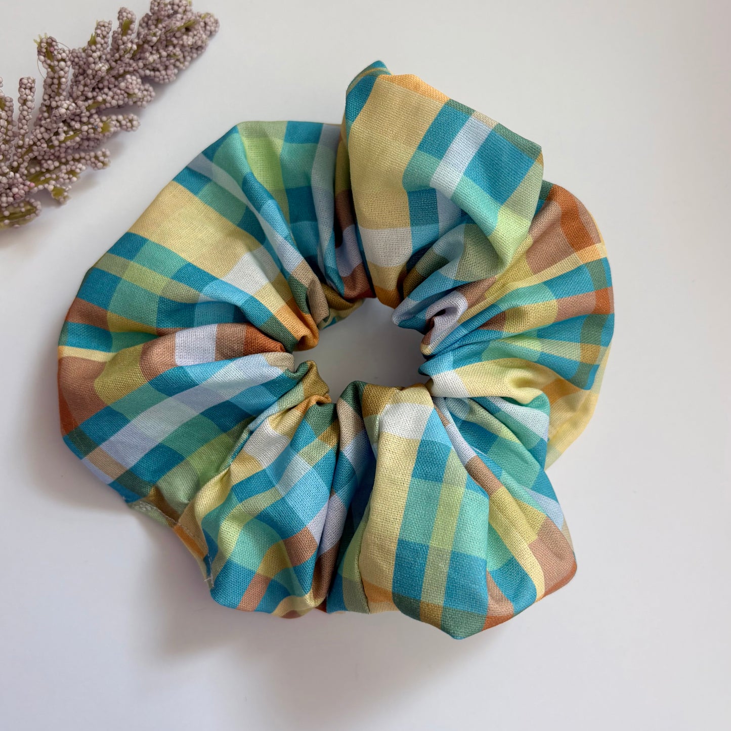 Cool gingham check green, yellow and brown large hair scrunchie