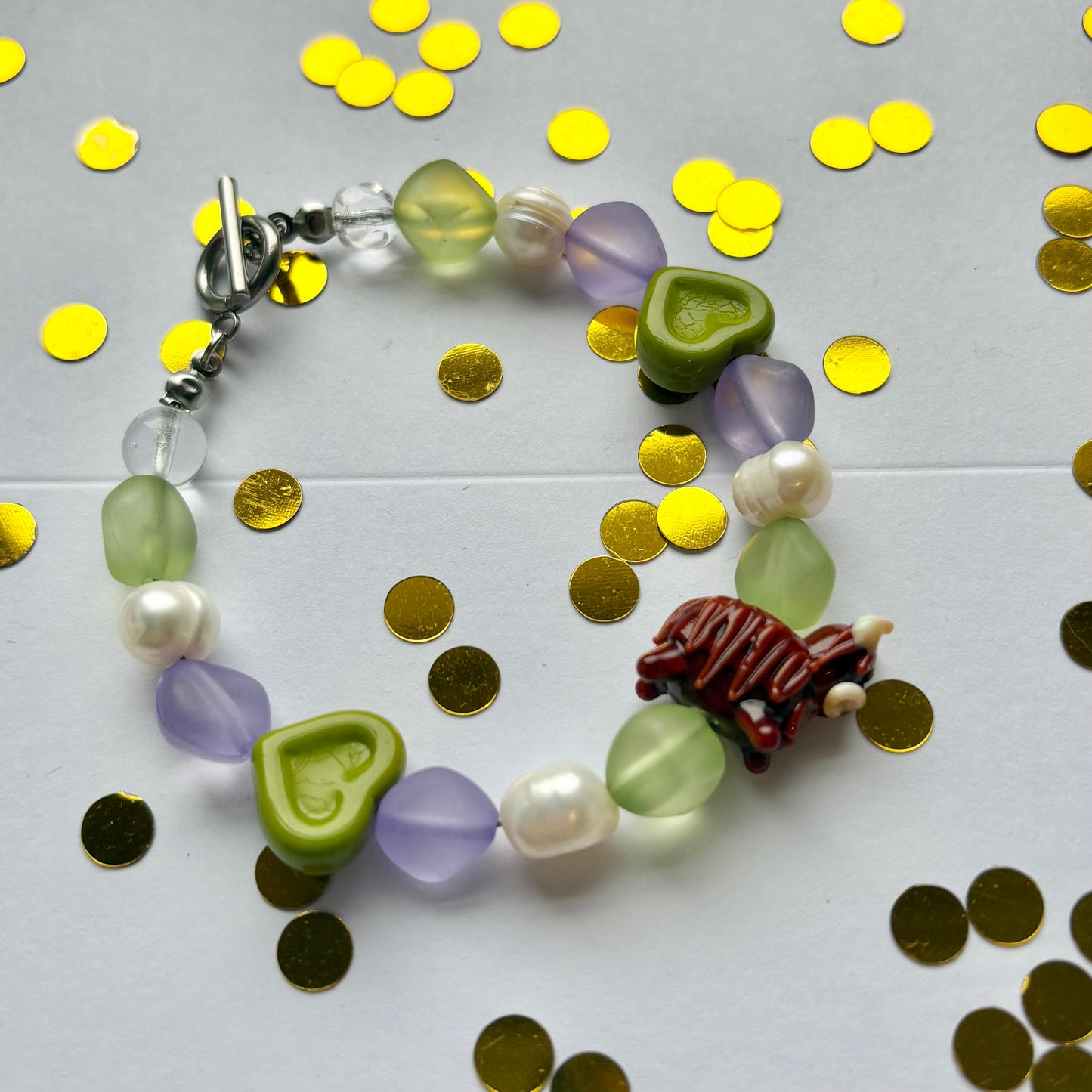 Handmade green and purple highland cow freshwater pearl bracelet