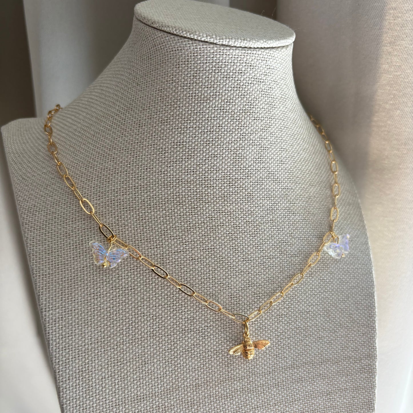 18k gold plated paperclip charm necklace with gold bee and butterflies necklace