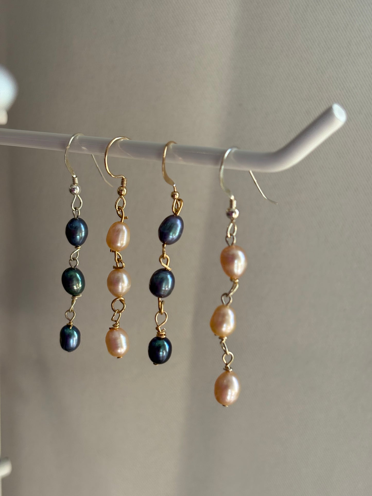 Sterling silver or gold filled fresh water pearl trio dangle earrings