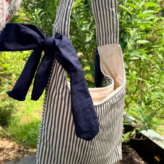 COMING SOON... Handmade white and navy blue stripe coquette padded tote bag with bows