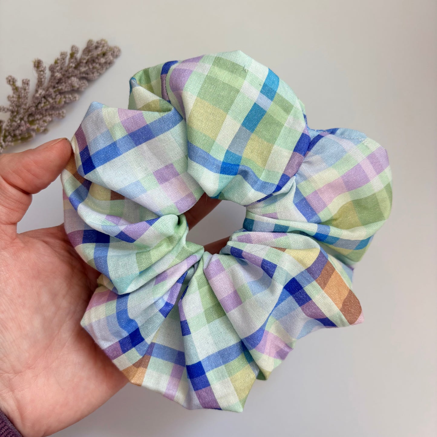 Cool gingham check purple, green and blue large hair scrunchie