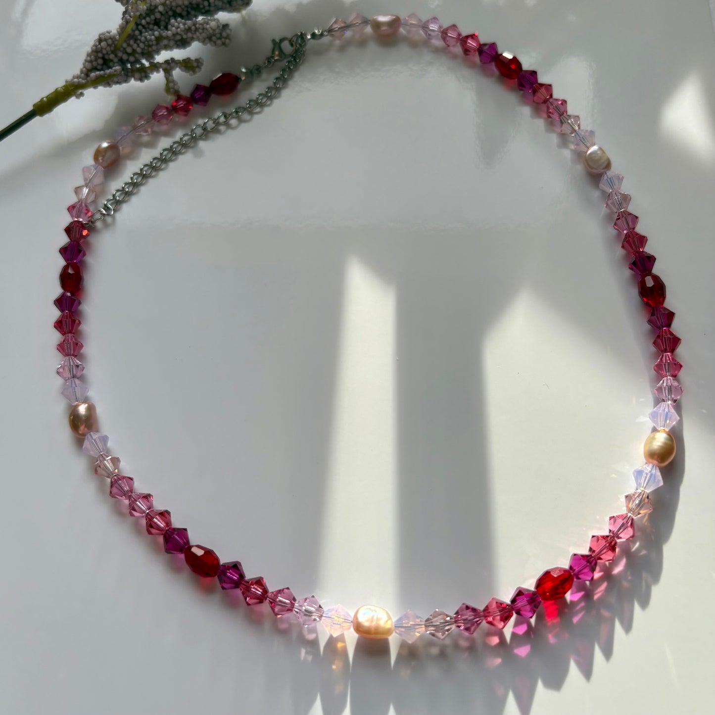 The lovers - pink pearl and crystal handmade beaded necklace