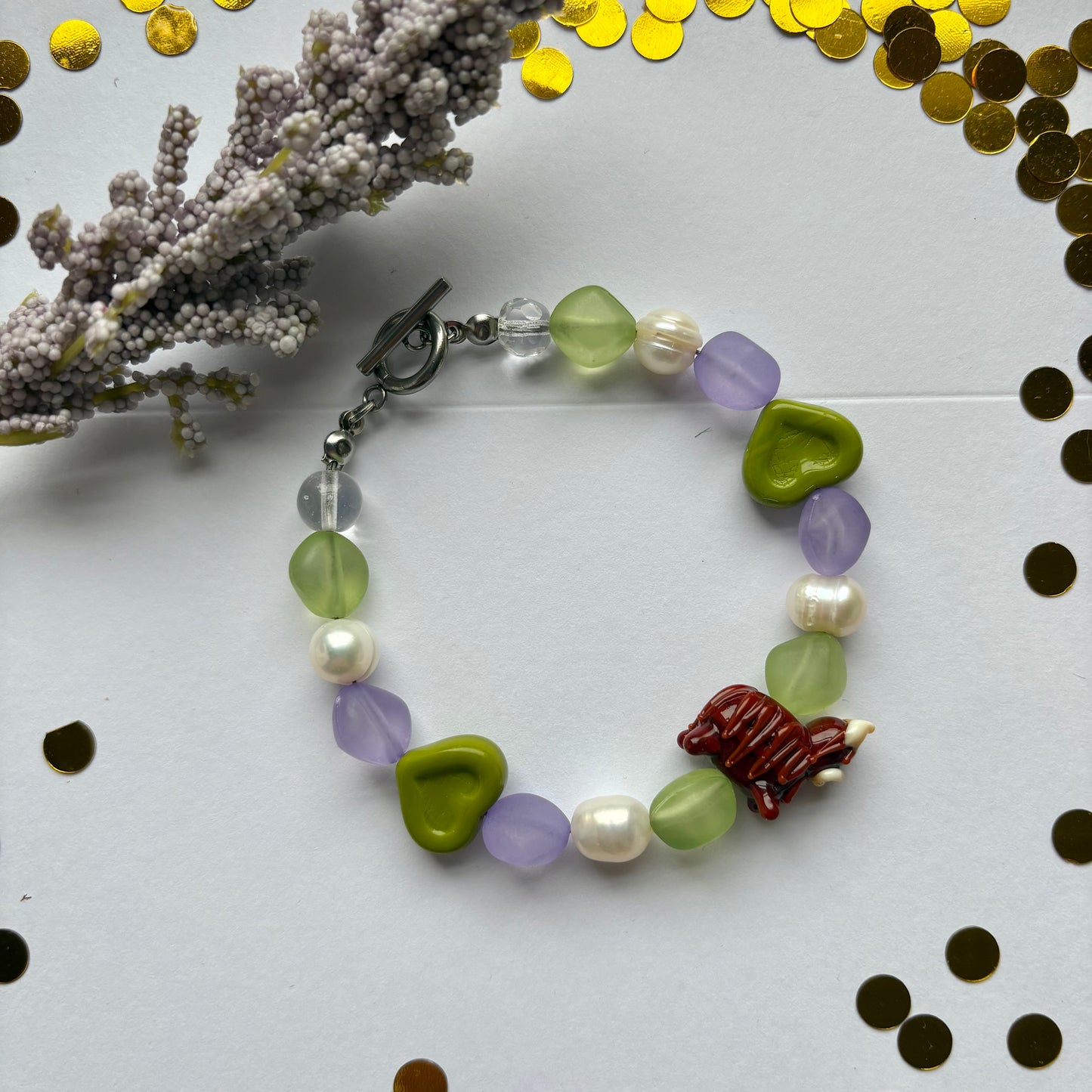 Handmade green and purple highland cow freshwater pearl bracelet