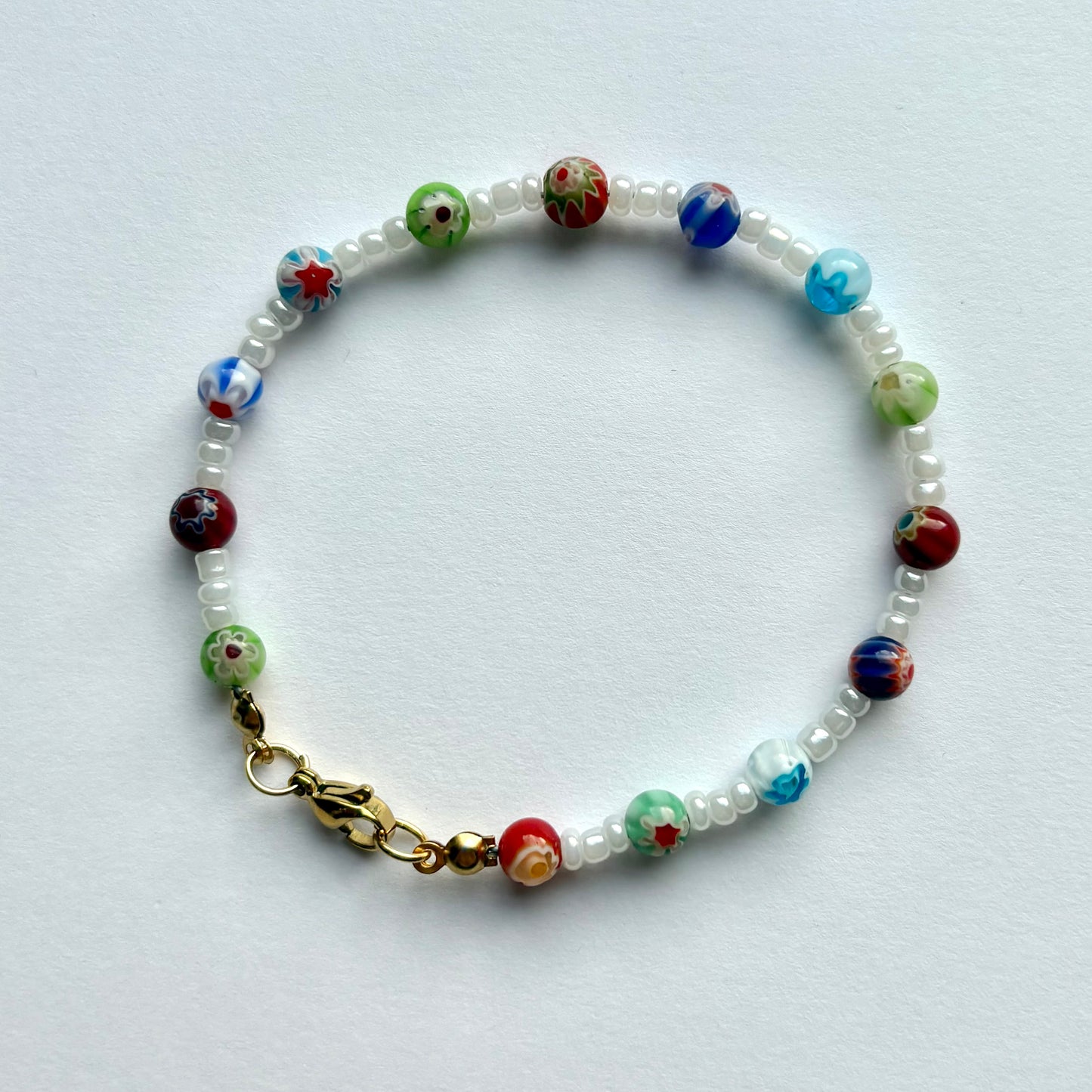 Cloud meadow bracelet - white and colourful millefiori handmade beaded