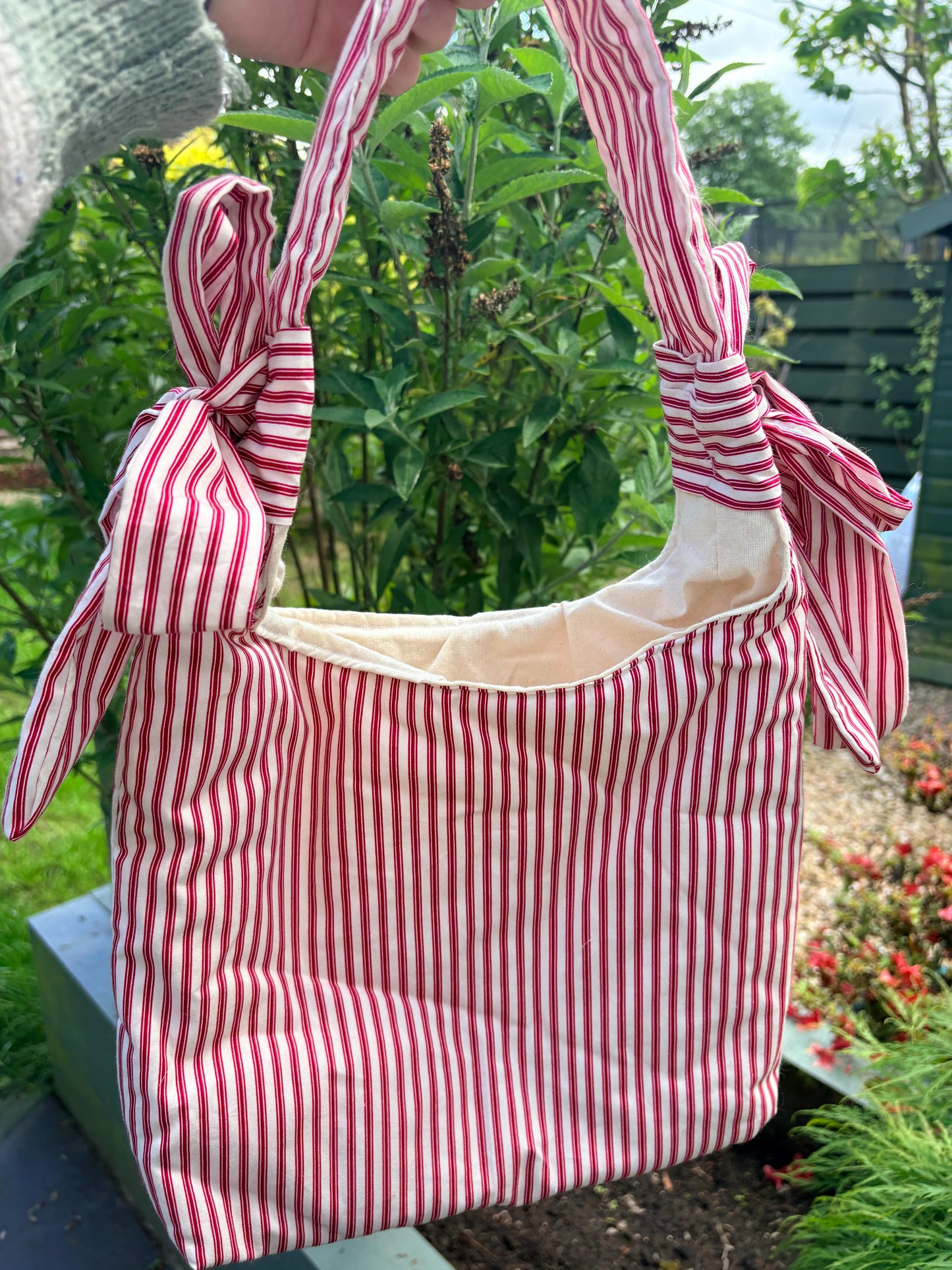 COMING SOON... Handmade white and red stripe coquette padded tote bag with bows