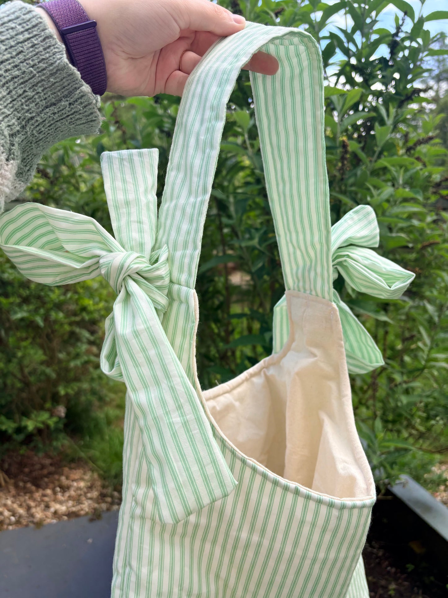 COMING SOON... Handmade white and green stripe coquette padded tote bag with bows