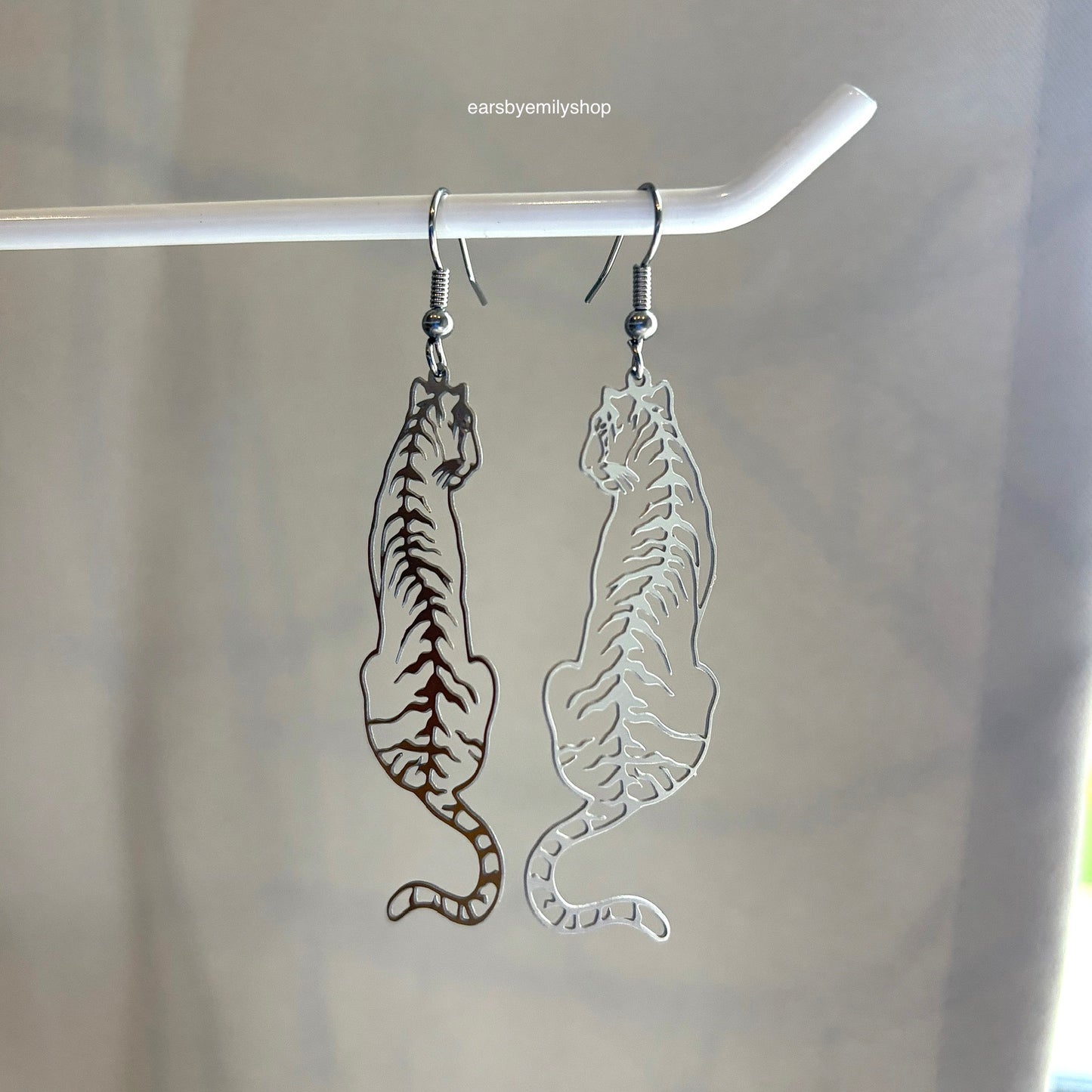 Big stainless steel silver tiger dangle earrings