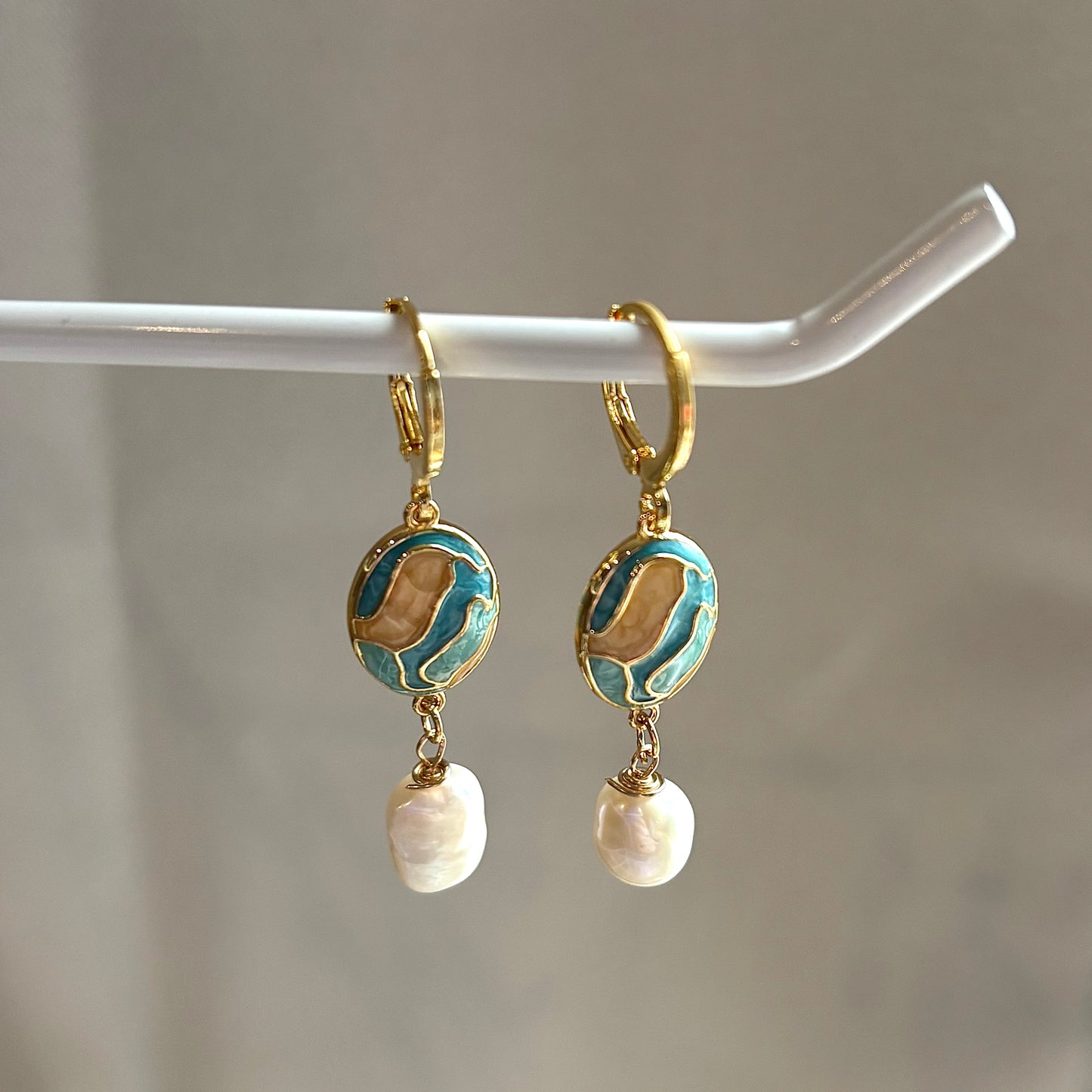 Blue and cream enamel oval and freshwater pearl gold plated hoop earrings