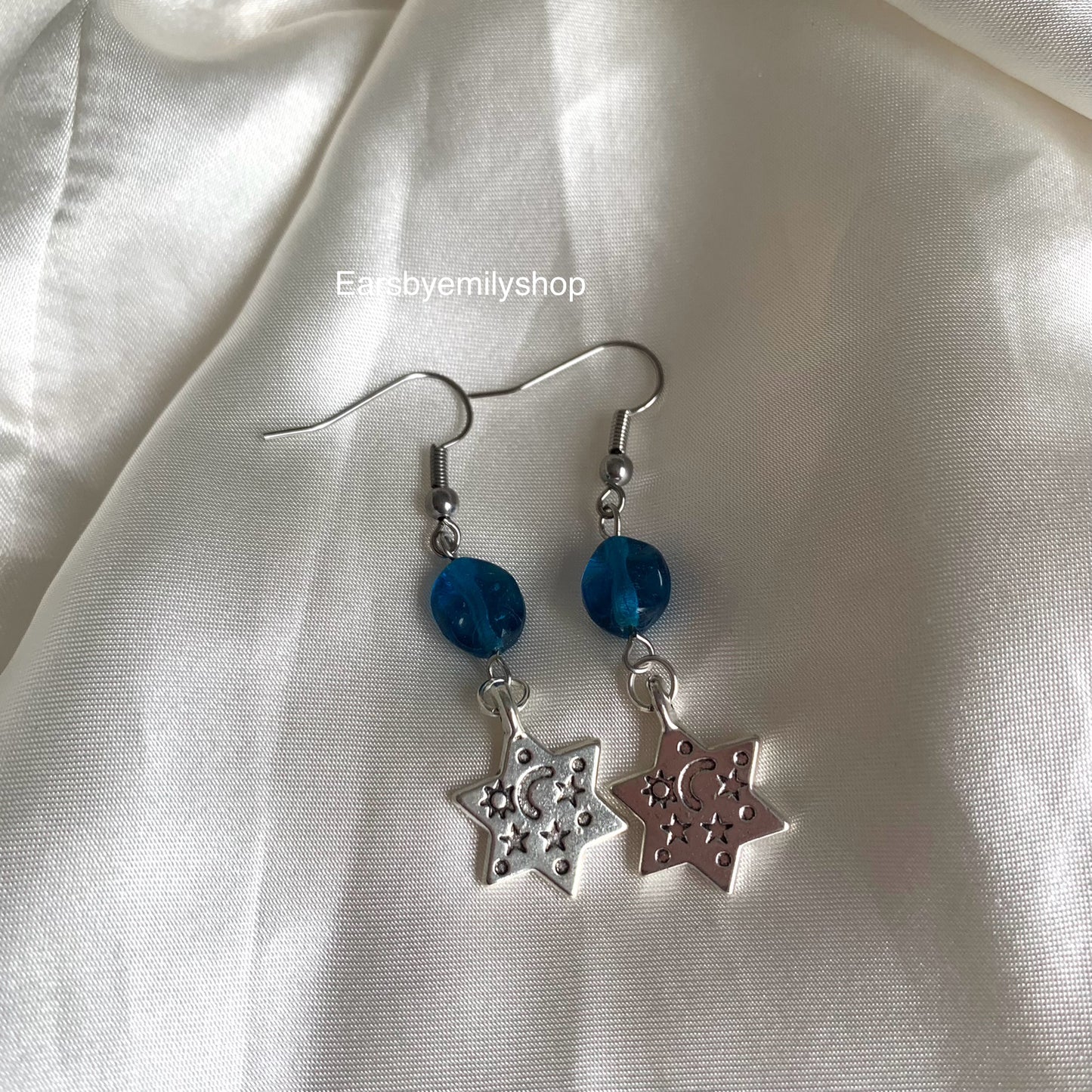 Cool silver star with yellow or blue bead statement dangle hypoallergenic earrings
